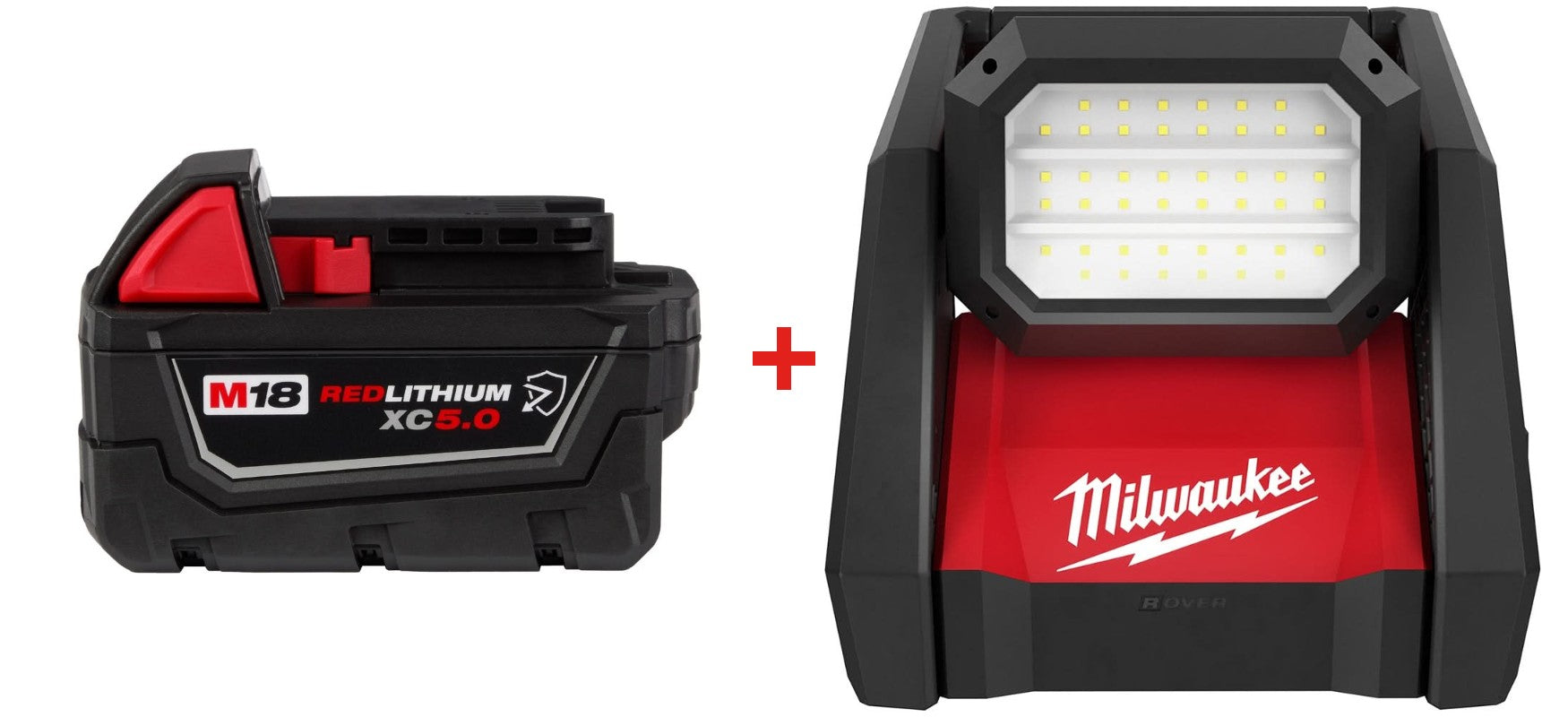 Milwaukee 2366-20 M18 ROVER Dual Power Flood Light with Milwaukee 48-11-1850R M18 REDLITHIUM XC5.0 Oil & Solvent Resistant Battery