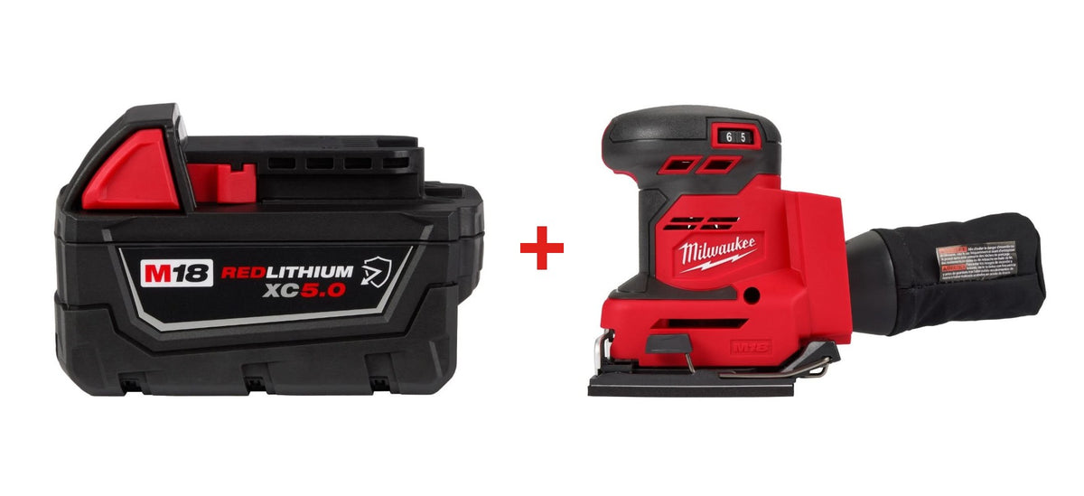 Milwaukee 2649-20 M18 1/4-Sheet Orbital Sander with Milwaukee 48-11-1850R M18 REDLITHIUM XC5.0 Oil & Solvent Resistant Battery
