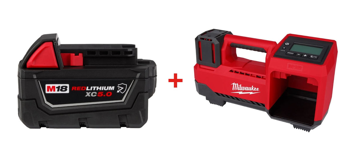 Milwaukee 2848-20 M18 Compact Tire Inflator with Milwaukee 48-11-1850R M18 REDLITHIUM XC5.0 Oil & Solvent Resistant Battery