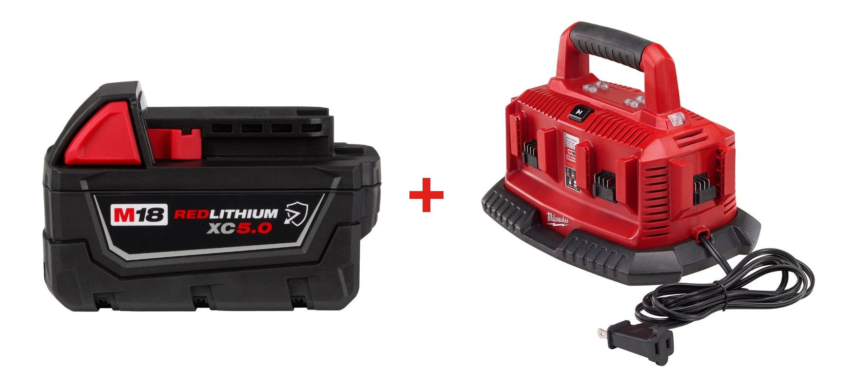 Milwaukee 48-59-1806 6 Bay Charger with Milwaukee 48-11-1850R M18 REDLITHIUM XC5.0 Oil & Solvent Resistant Battery