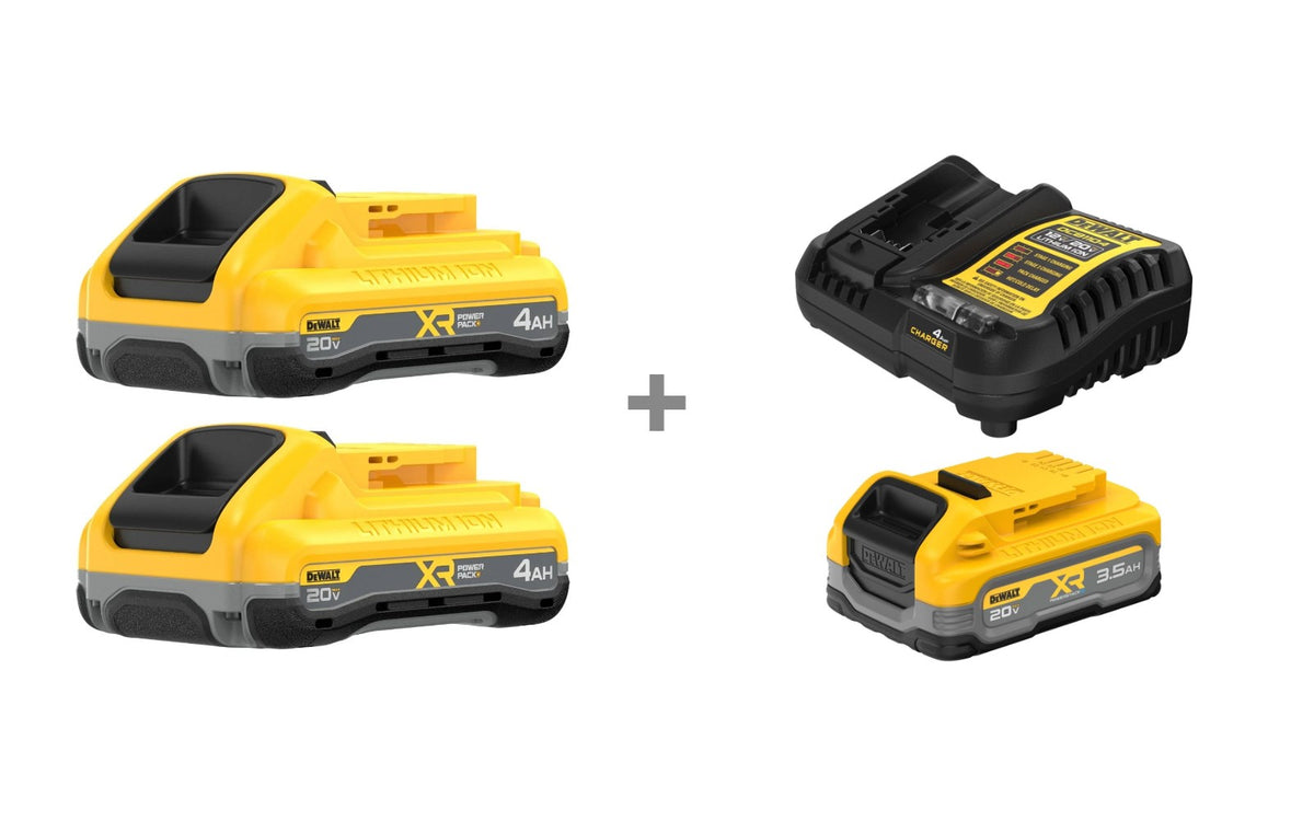 DeWALT DCB2104-2 4.0Ah battery 2-pack and DCBP320C 3.5Ah battery & charger kit shown side by side