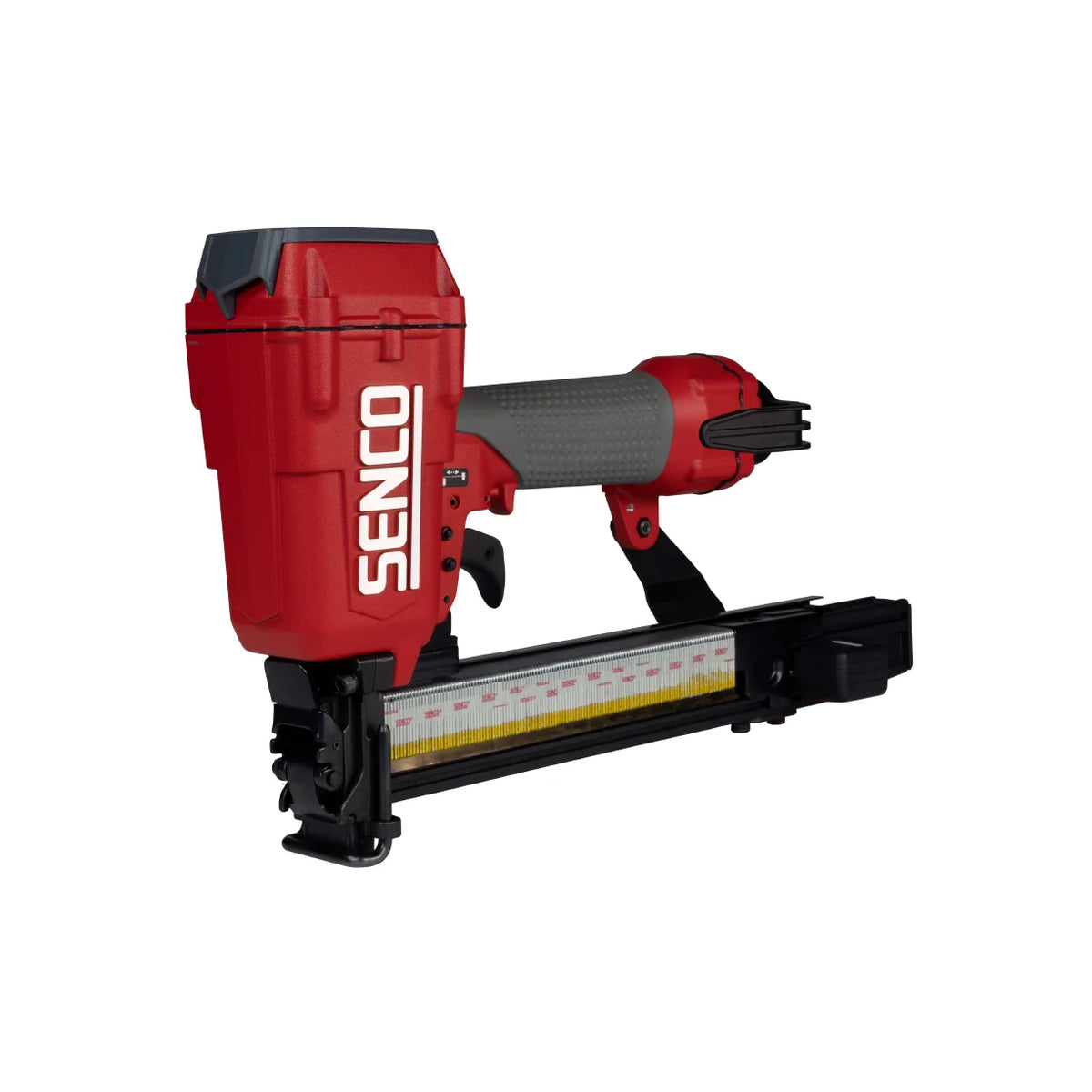 Senco PS15XP wide crown stapler angled view showing aluminum housing and overmolded grip