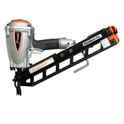 Paslode 501000 PowerMaster Plus 30-degree pneumatic framing nailer side view showing the magazine, rafter hook and grip for wall framing and sheathing