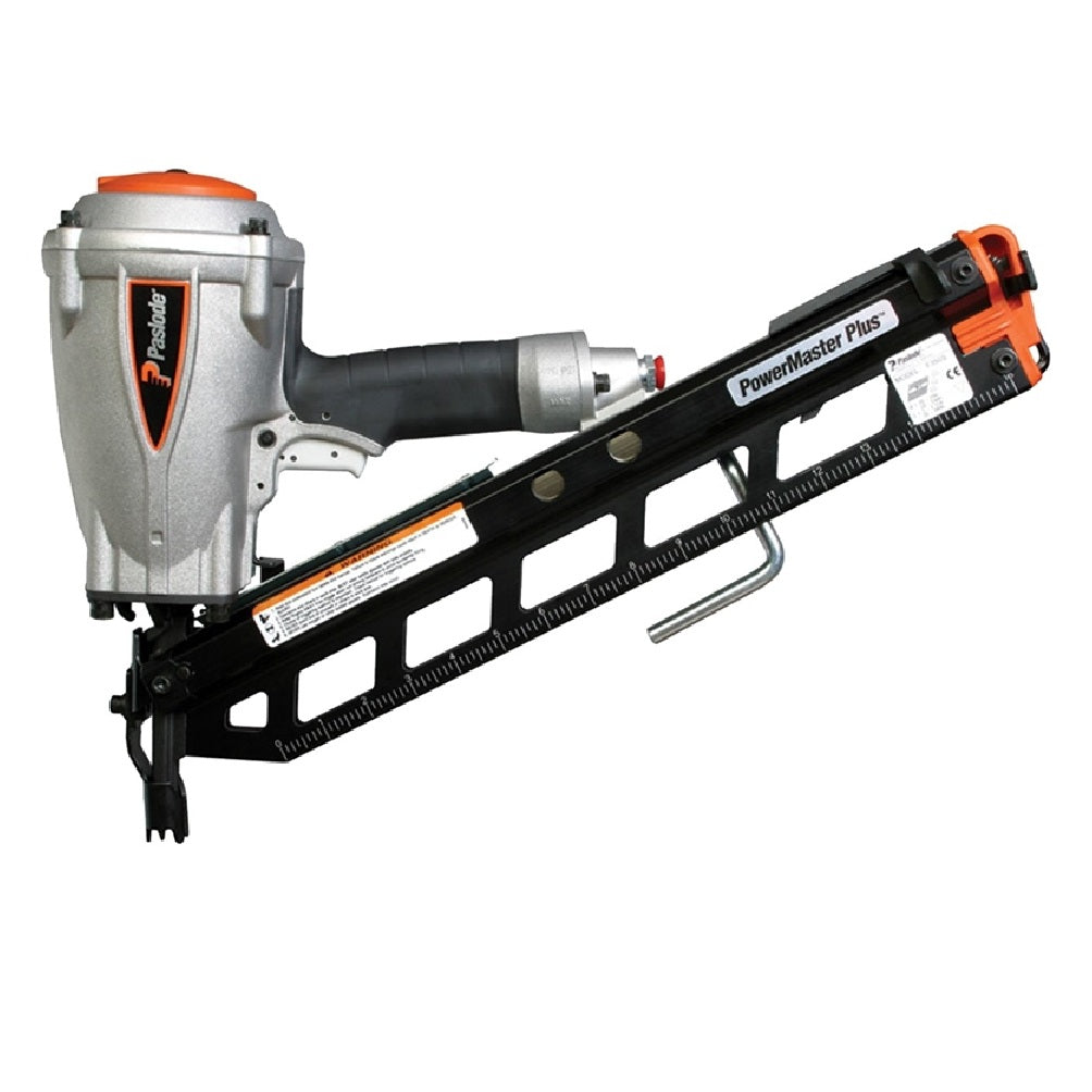 Paslode 501000 PowerMaster Plus 30-degree pneumatic framing nailer side view showing the magazine, rafter hook and grip for wall framing and sheathing