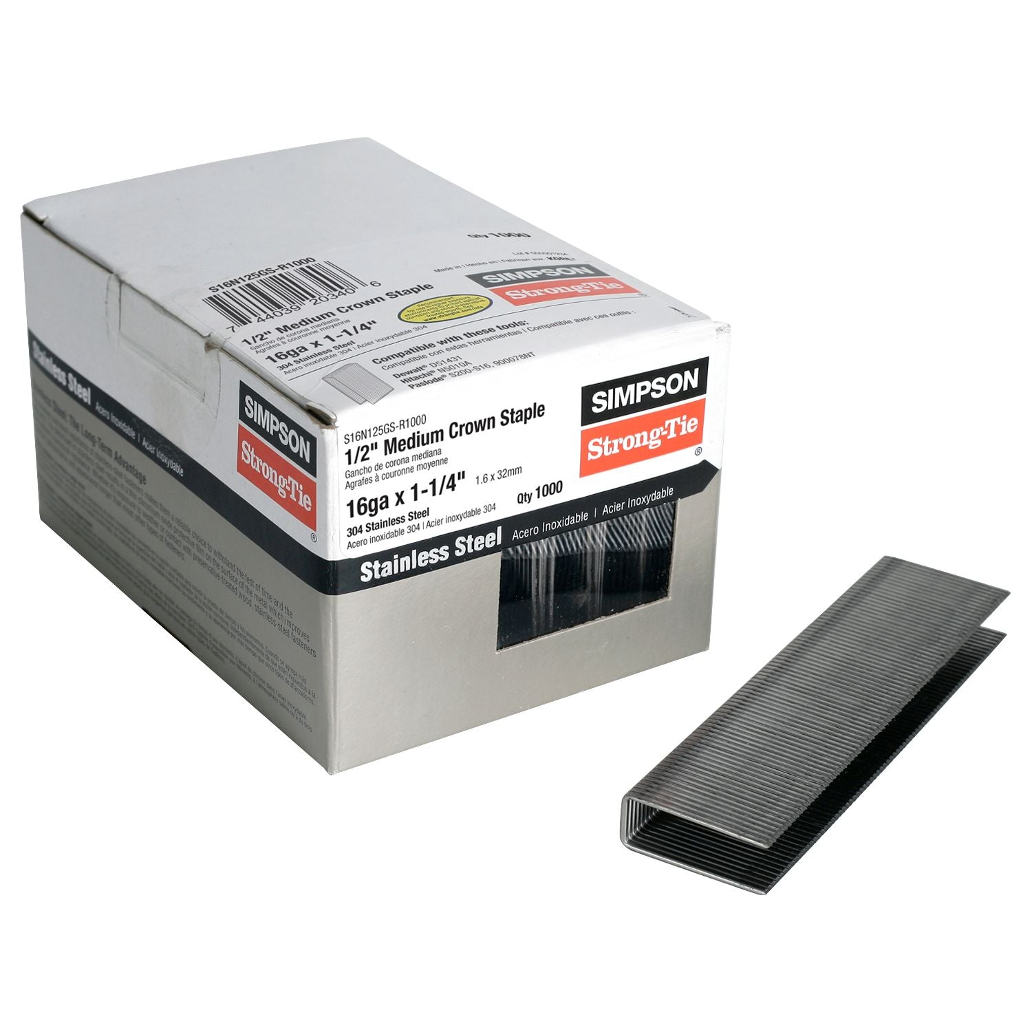 Simpson Strong-Tie S16N125GS-R1000 1/2-in. Crown, 16-Gauge Staples,  1-1/4-in. Type 304 Stainless Steel, 1000-Pack