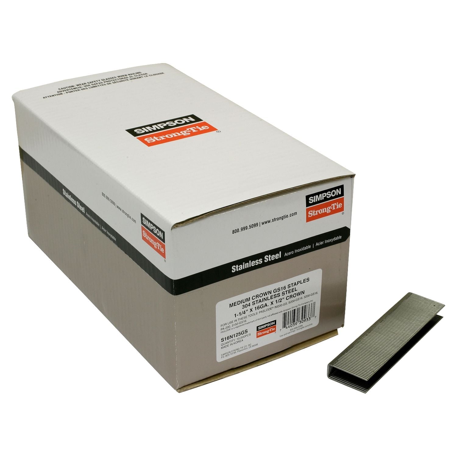 Simpson Strong-Tie S16N125GS 1/2-in. Crown, 16-Gauge Staples,  1-1/4-in. Type 304 Stainless Steel, 10000-Pack