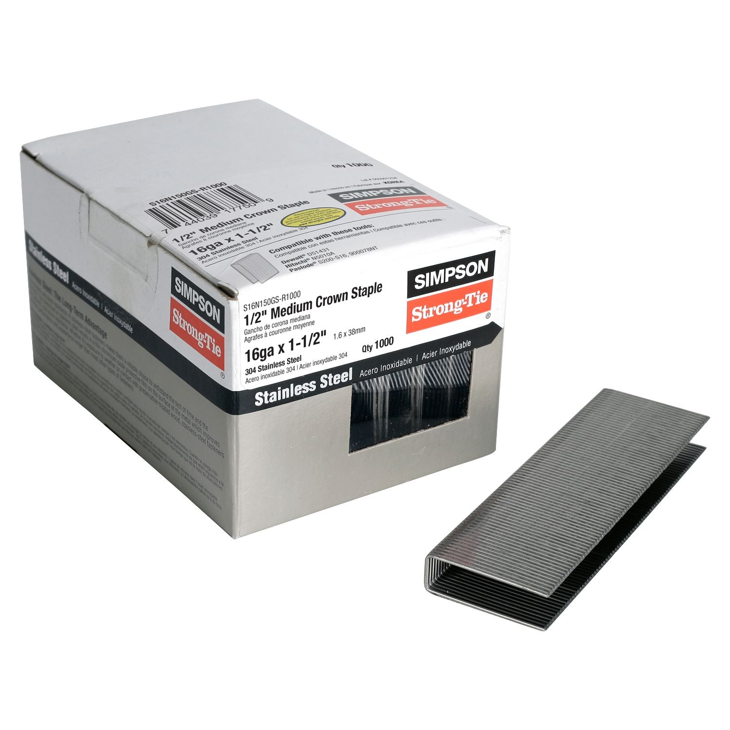Simpson Strong-Tie S16N150GS-R1000 1/2-in. Crown, 16-Gauge Staples,  1-1/2-in. Type 304 Stainless Steel, 1000-Pack