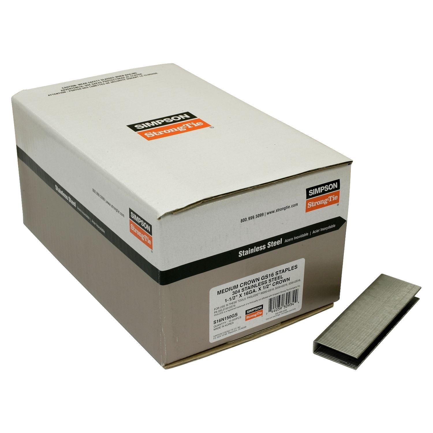 Simpson Strong-Tie S16N150GS 1/2-in. Crown, 16-Gauge Staples,  1-1/2-in. Type 304 Stainless Steel, 10000-Pack