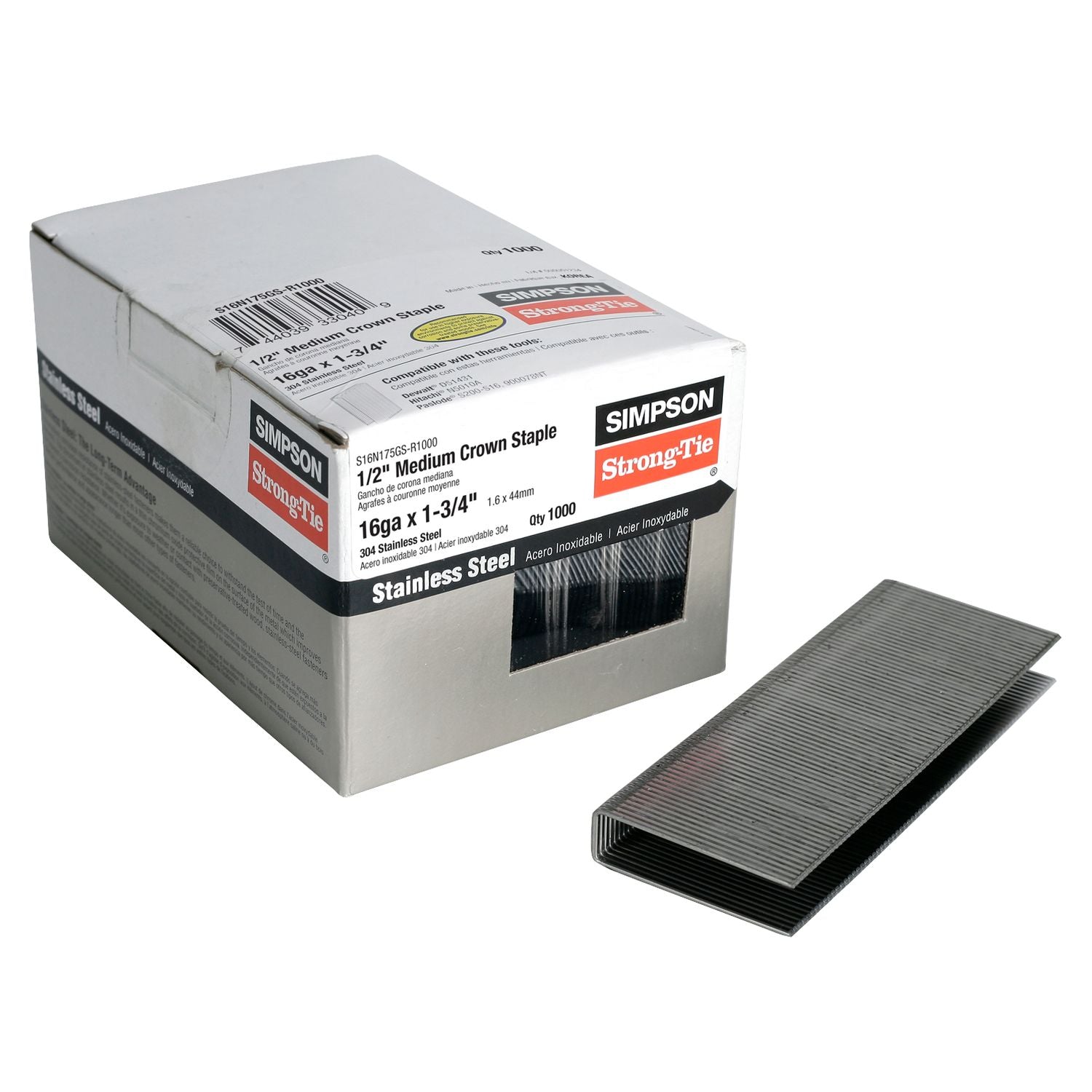 Simpson Strong-Tie S16N175GS-R1000 1/2-in. Crown, 16-Gauge Staples,  1-3/4-in. Type 304 Stainless Steel, 1000-Pack