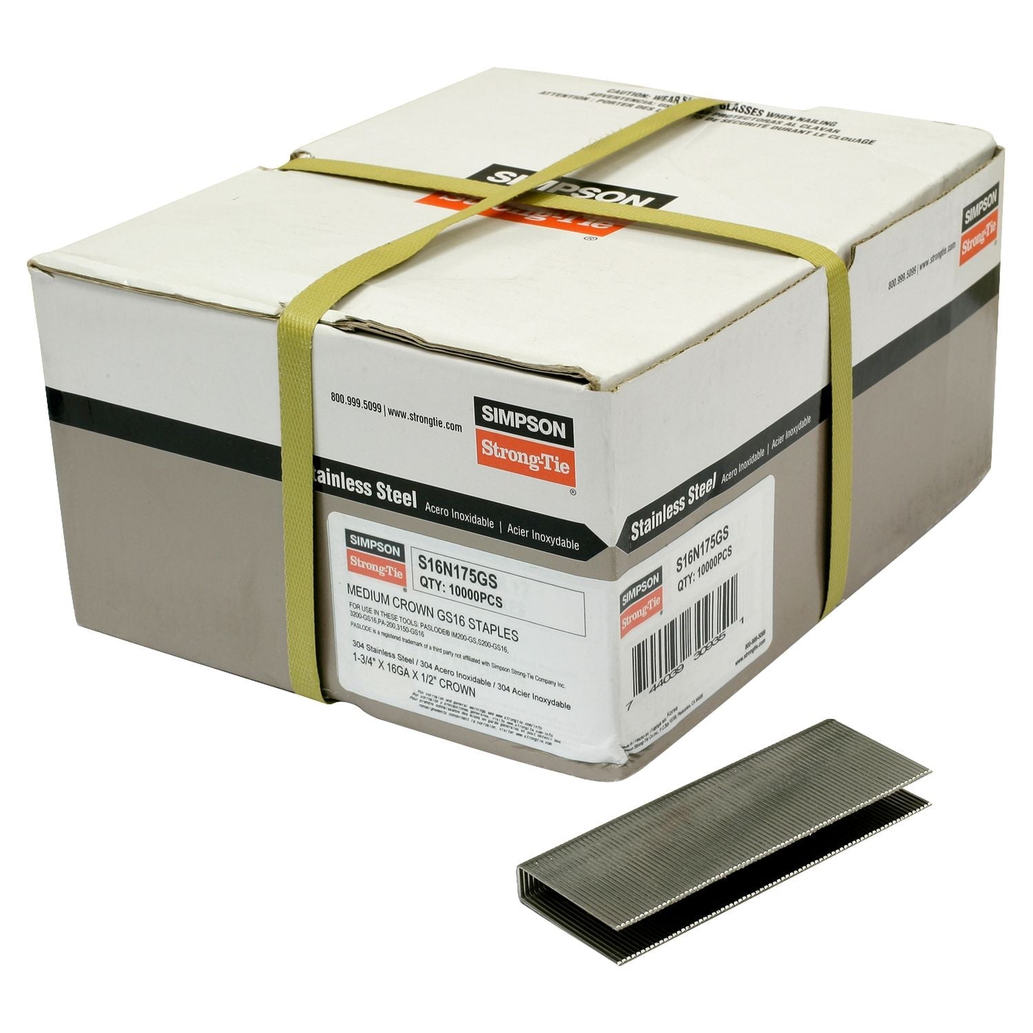 Simpson Strong-Tie S16N175GS 1/2-in. Crown, 16-Gauge Staples,  1-3/4-in. Type 304 Stainless Steel, 10000-Pack