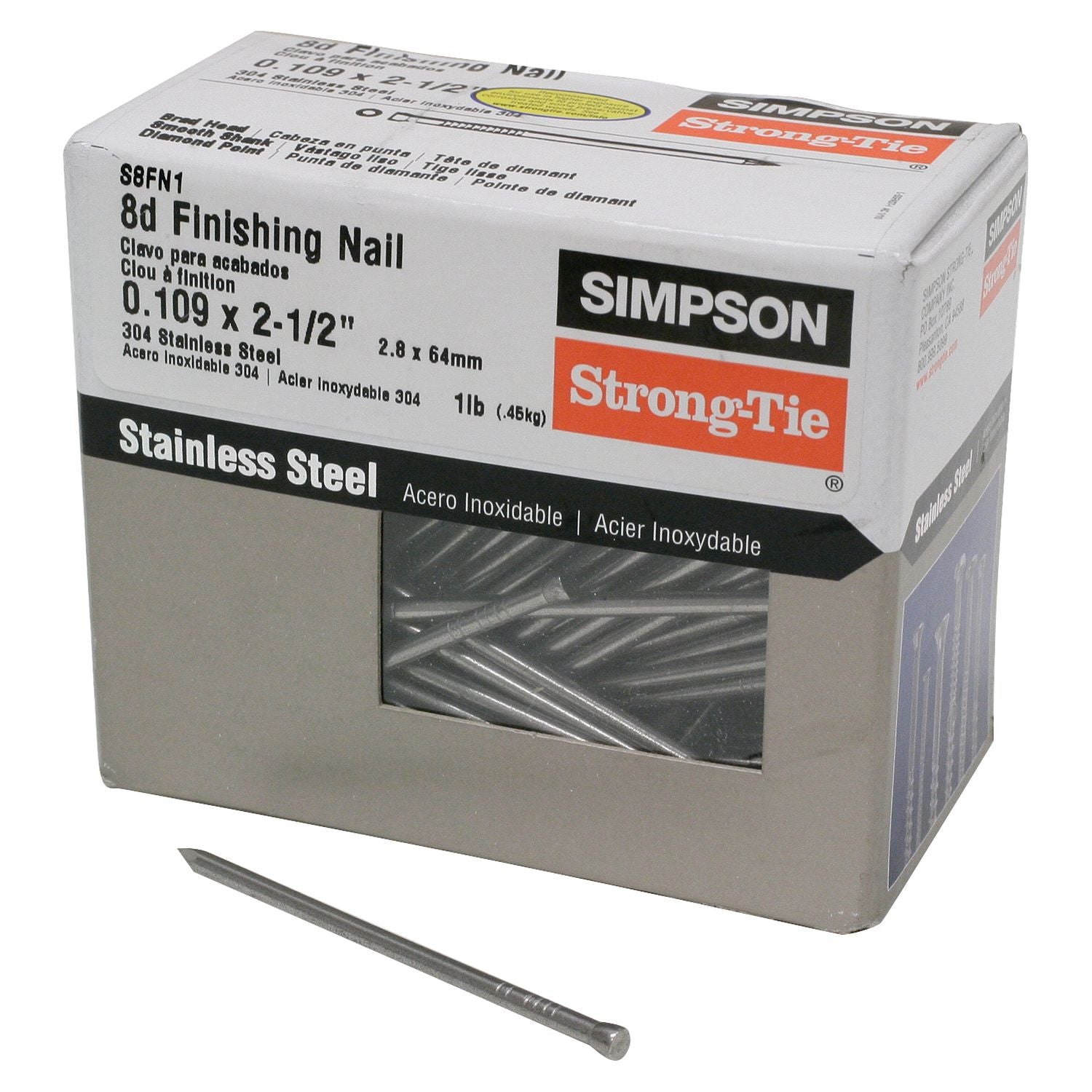 Simpson Strong-Tie S8FN1 Finishing Nail,  2-1/2-in. x .113-in. Type 304 Stainless Steel, 1-lb.