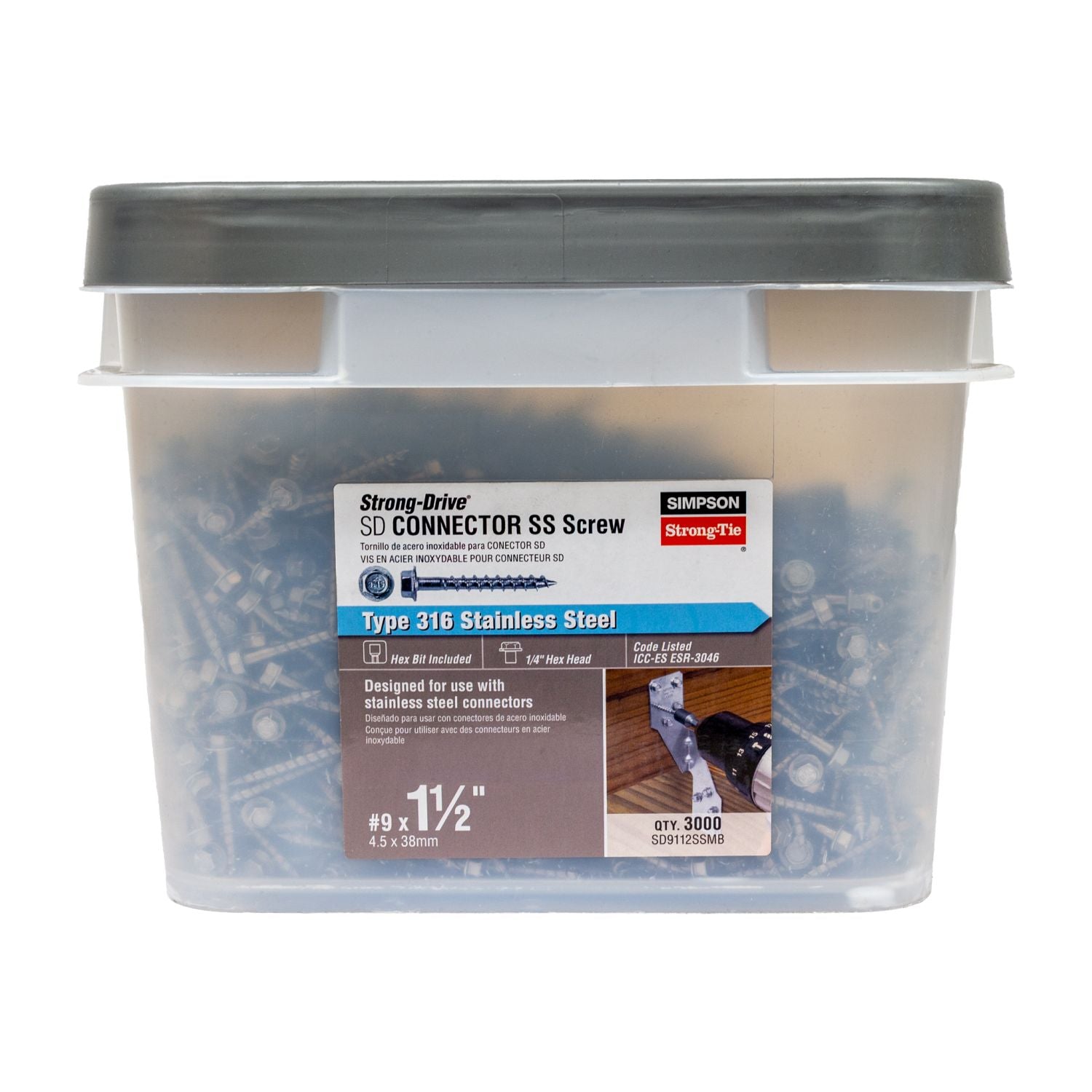 Simpson Strong-Tie SD9112SSMB Strong-Drive SD CONNECTOR SS Screw,  #9 x 1-1/2-in. 1/4-Hex Drive, Type 316, 3000-Pack