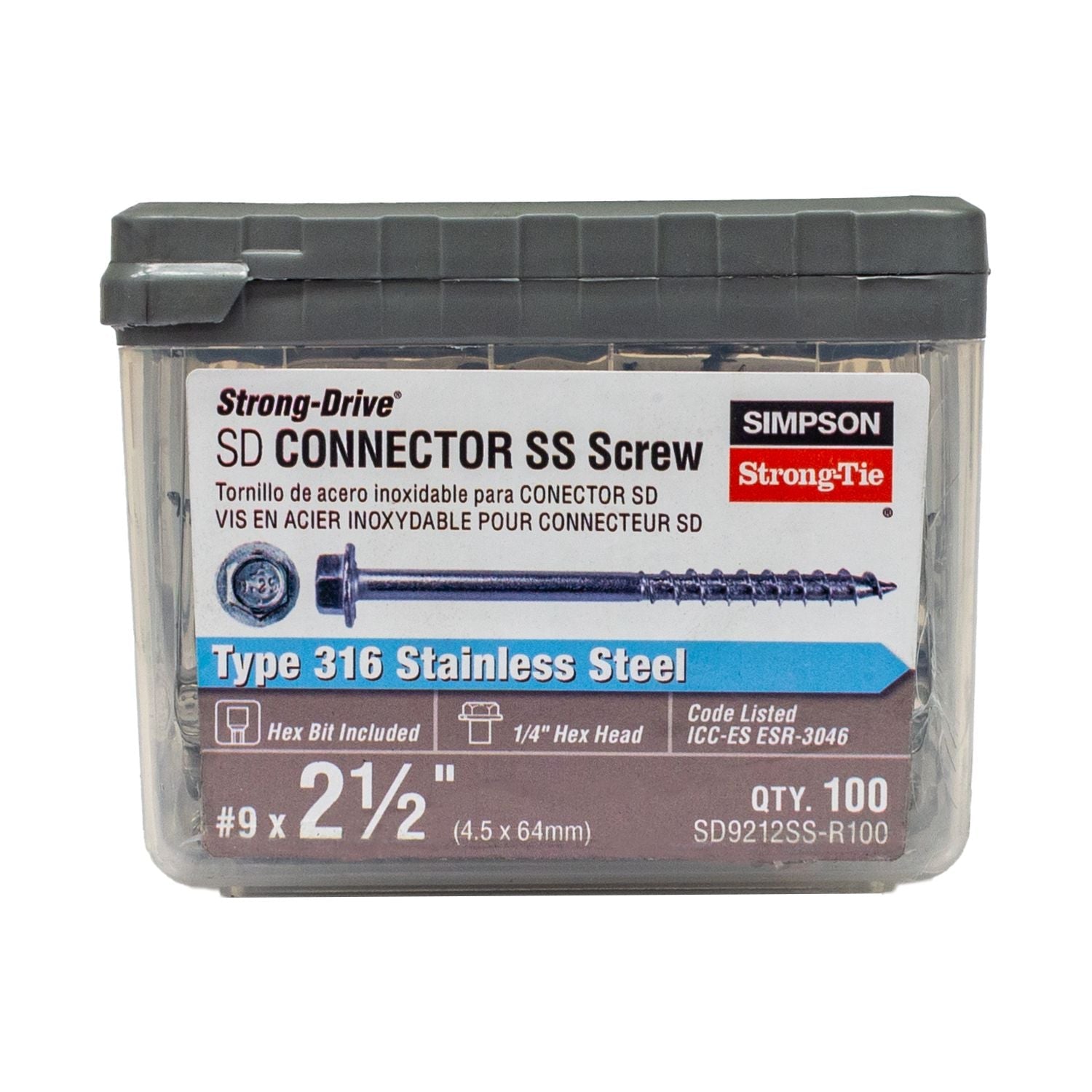 Simpson Strong-Tie SD9212SS-R100 Strong-Drive SD CONNECTOR SS Screw,  #9 x 2-1/2-in. 1/4-Hex Drive, Type 316, 100-Pack