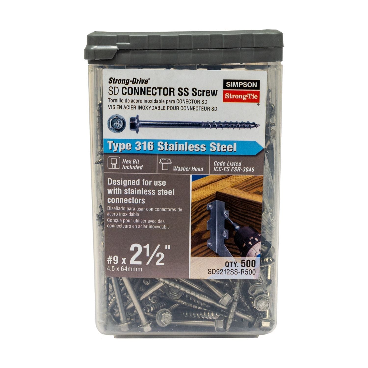 Simpson Strong-Tie SD9212SS-R500 Strong-Drive SD CONNECTOR SS Screw,  #9 x 2-1/2-in. 1/4-Hex Drive, Type 316, 500-Pack