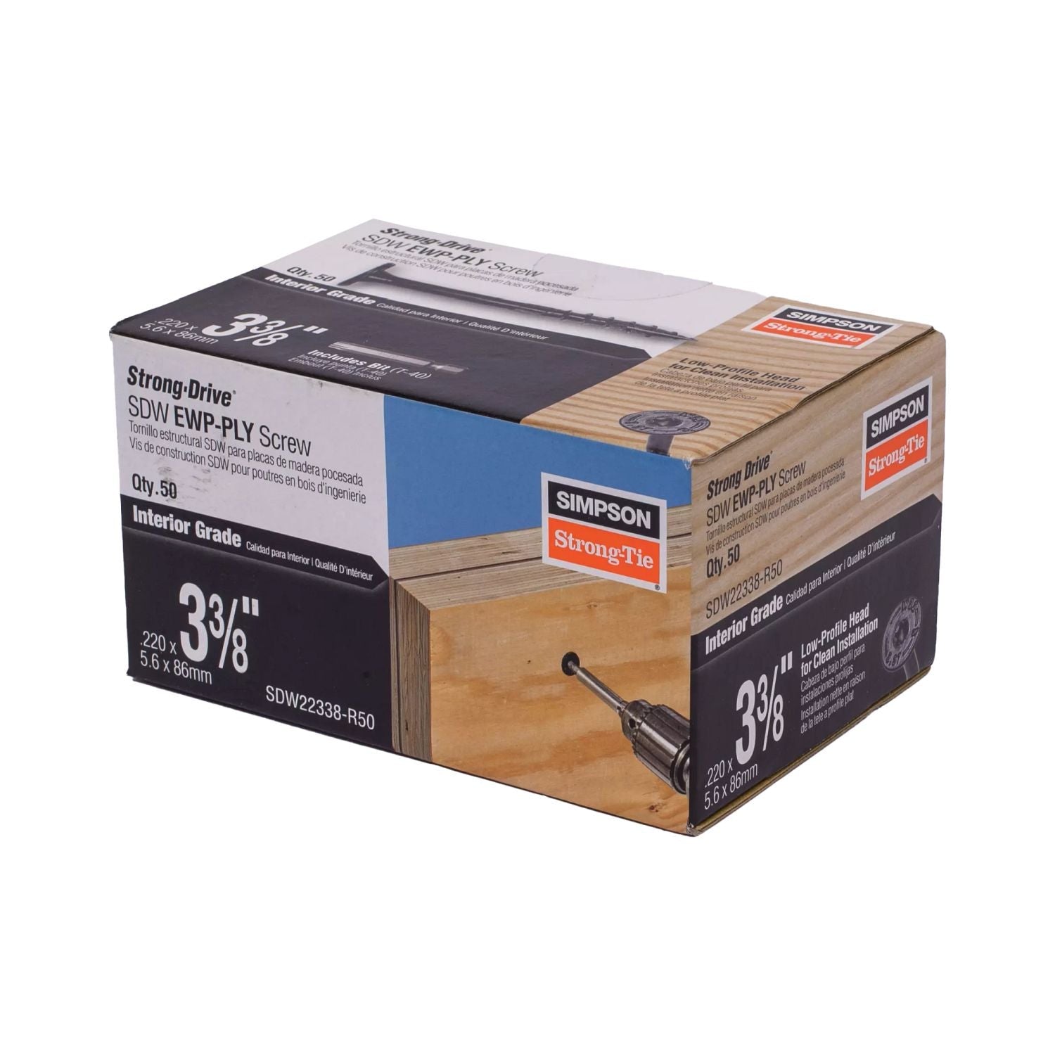 Simpson Strong-Tie SDW22338-R50 Strong-Drive SDW EWP-PLY Screw,  .220-in. x 3-3/8-in. T40 6-Lobe, E-coat, 50-Pack