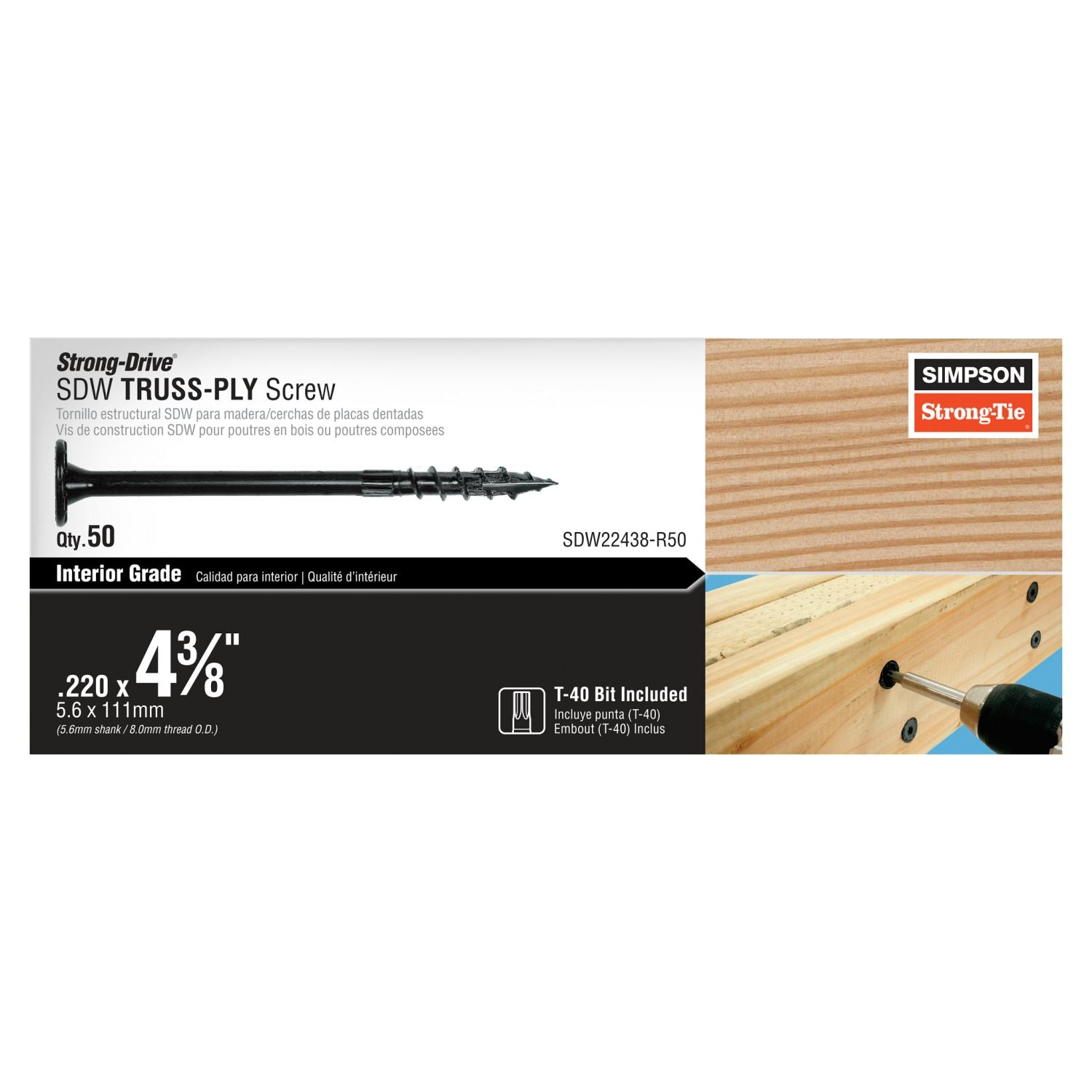 Simpson Strong-Tie SDW22438-R50 Strong-Drive SDW TRUSS-PLY Screw,  .220-in. x 4-3/8-in. T40 6-Lobe E-coat, 50-Pack