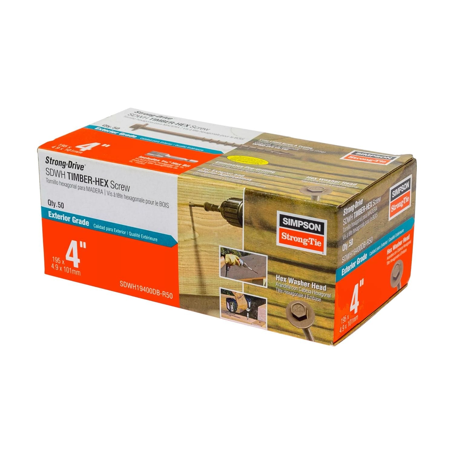Simpson Strong-Tie SDWH19400DB-R50 Strong-Drive SDWH TIMBER-HEX Screw,  0.195-in. x 4-in. 5/16 Hex, DB Coating, 50-Pack