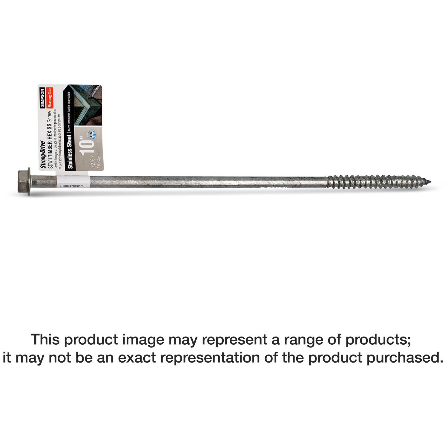 Simpson Strong-Tie SDWH271000SS-R25 Strong-Drive SDWH TIMBER-HEX SS Screw,  0.275-in. x 10-in. 1/2 Hex, Type 316, 25-Pack