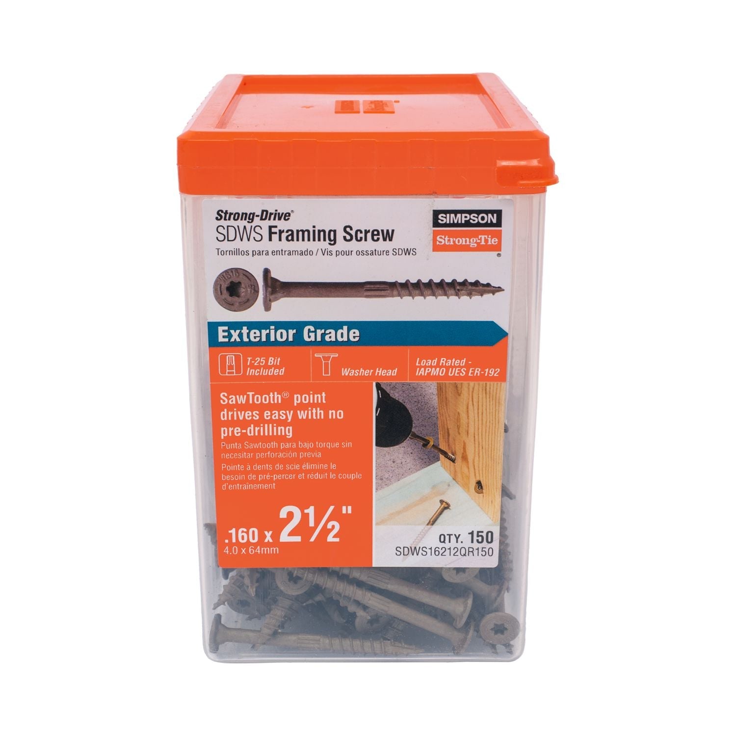 Simpson Strong-Tie SDWS16212QR150 Strong-Drive SDWS FRAMING Screw,  0.160-in. x 2-1/2-in. T25, Quik Guard, Tan, 150-Pack