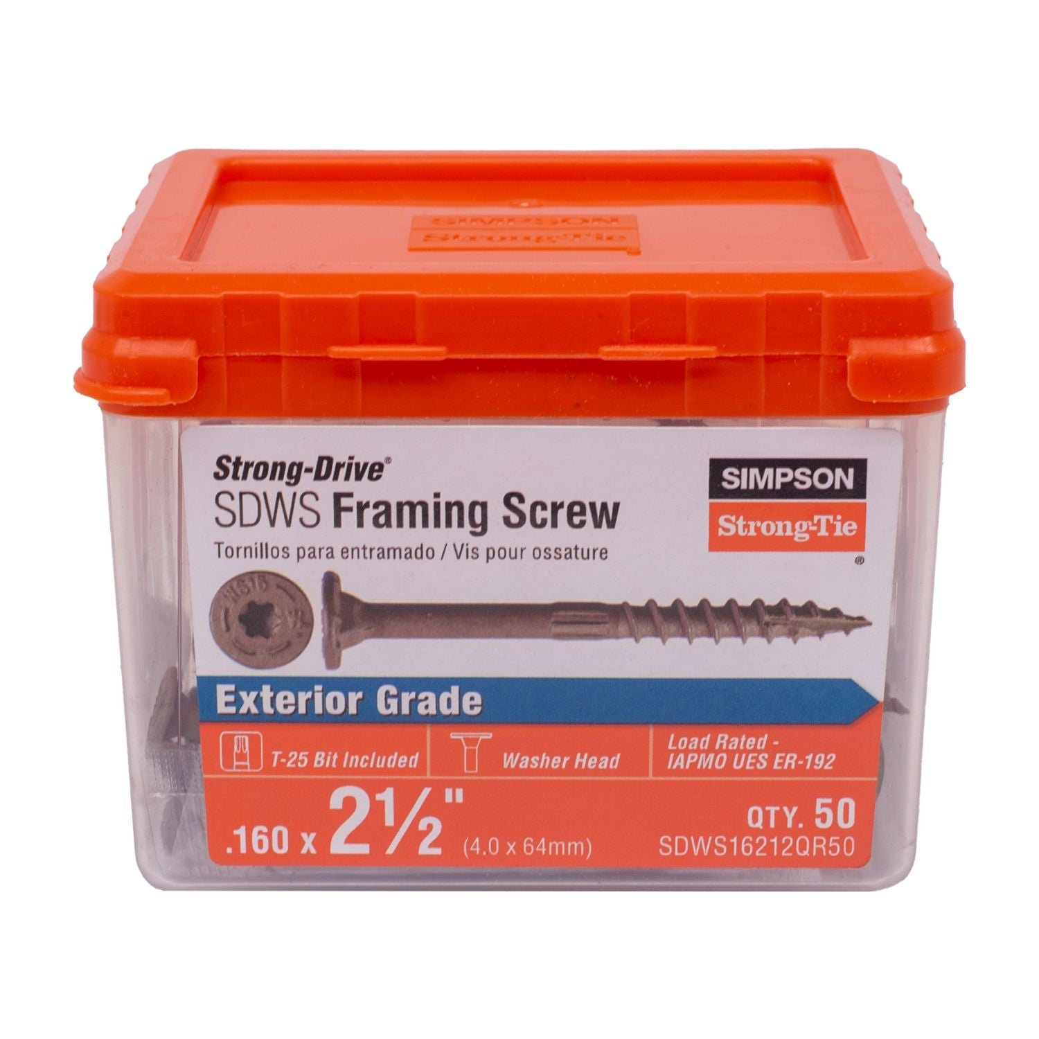 Simpson Strong-Tie SDWS16212QR50 Strong-Drive SDWS FRAMING Screw,  0.160-in. x 2-1/2-in. T25, Quik Guard, Tan, 50-Pack