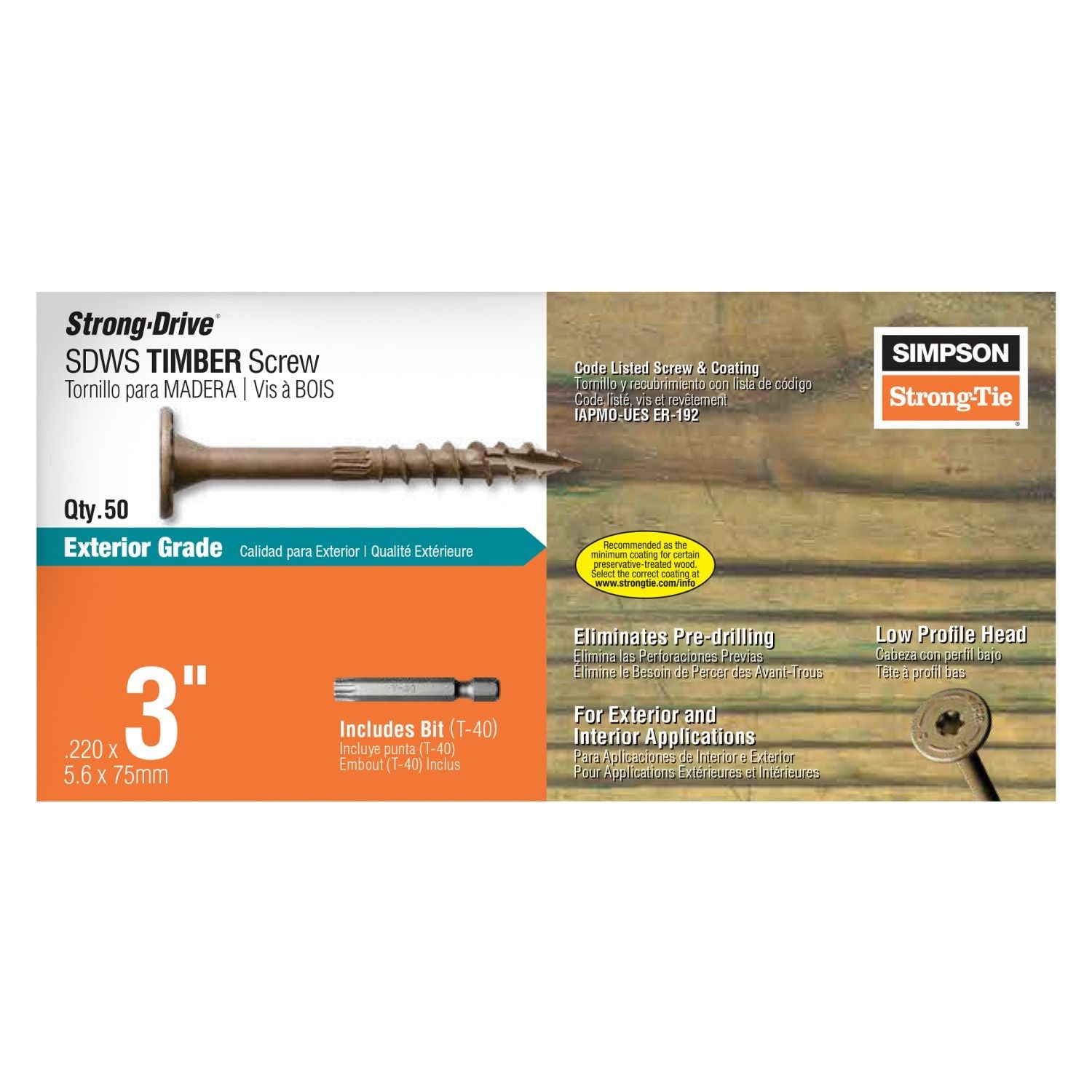 Simpson Strong-Tie Strong-Drive SDWS TIMBER Exterior Grade Screw, 0.220-in. x 3-in. T40, Tan, 50-Pack (SDWS22300DB-R50)