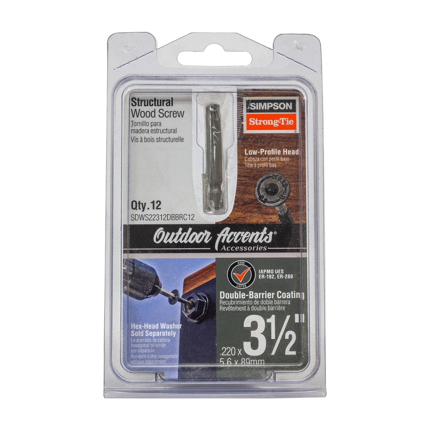 Simpson Strong-Tie SDWS22312DBBRC12 Outdoor Accents Structural Wood Screw,  .220-in. x 3-1/2-in. DB Coating, Black, 12-Pack