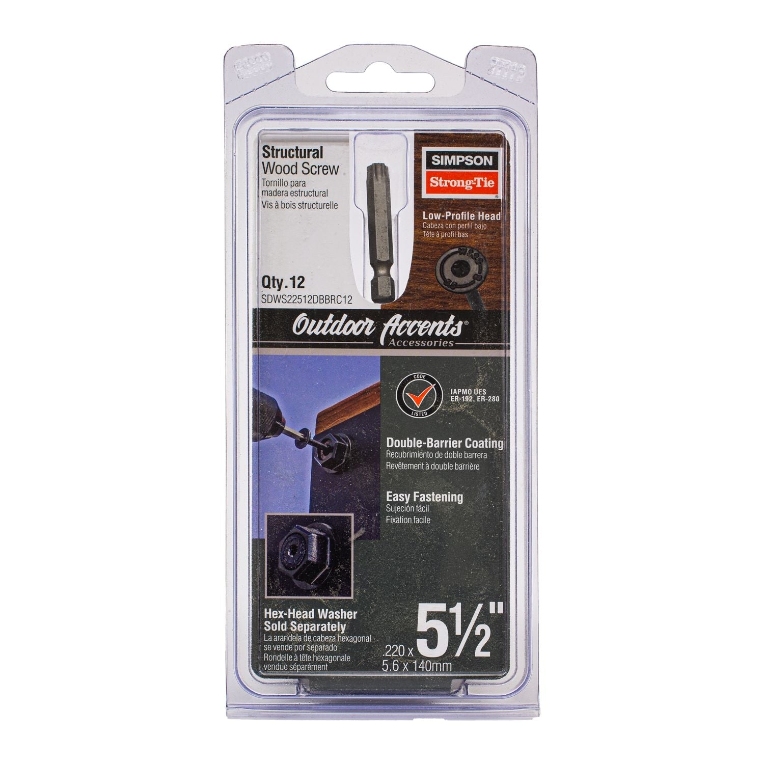 Simpson Strong-Tie SDWS22512DBBRC12 Outdoor Accents Structural Wood Screw,  .220-in. x 5-1/2-in. DB Coating, Black, 12-Pack