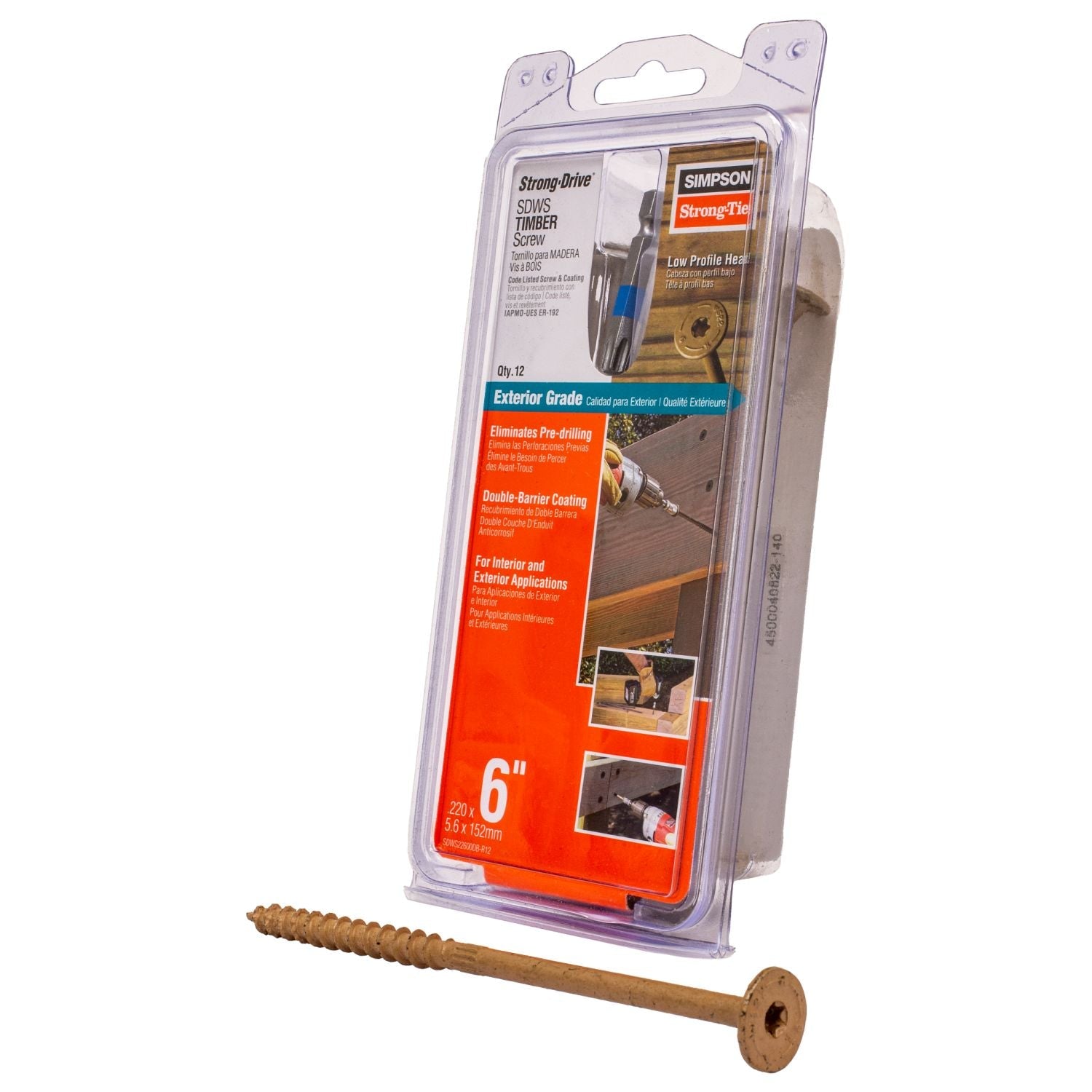 Simpson Strong-Tie SDWS22600DB-R12 Strong-Drive SDWS TIMBER Screw (Exterior Grade),  0.220-in. x 6-in. T40, Tan, 12-Pack