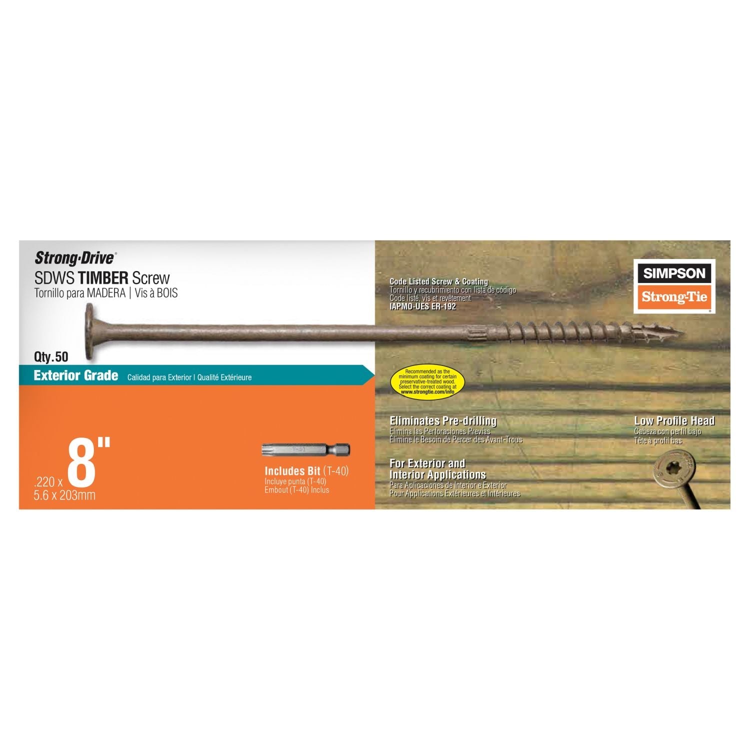 Simpson Strong-Tie Strong-Drive SDWS Timber Exterior Grade Screw, 0.220-in. x 8-in. T40, Tan, 50-Pack (SDWS22800DB-R50)