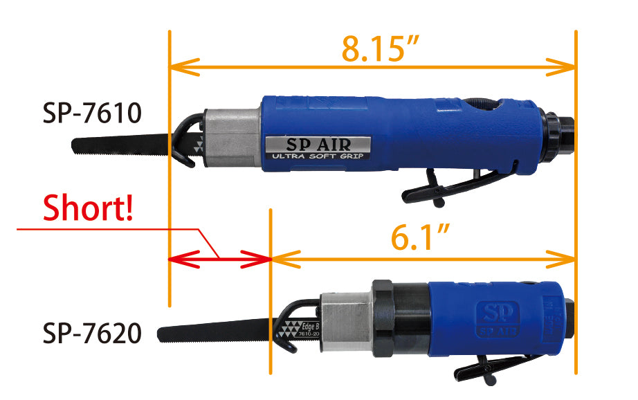 SP-7620 short recipro saw length comparison next to a standard-length SP Air recipro saw