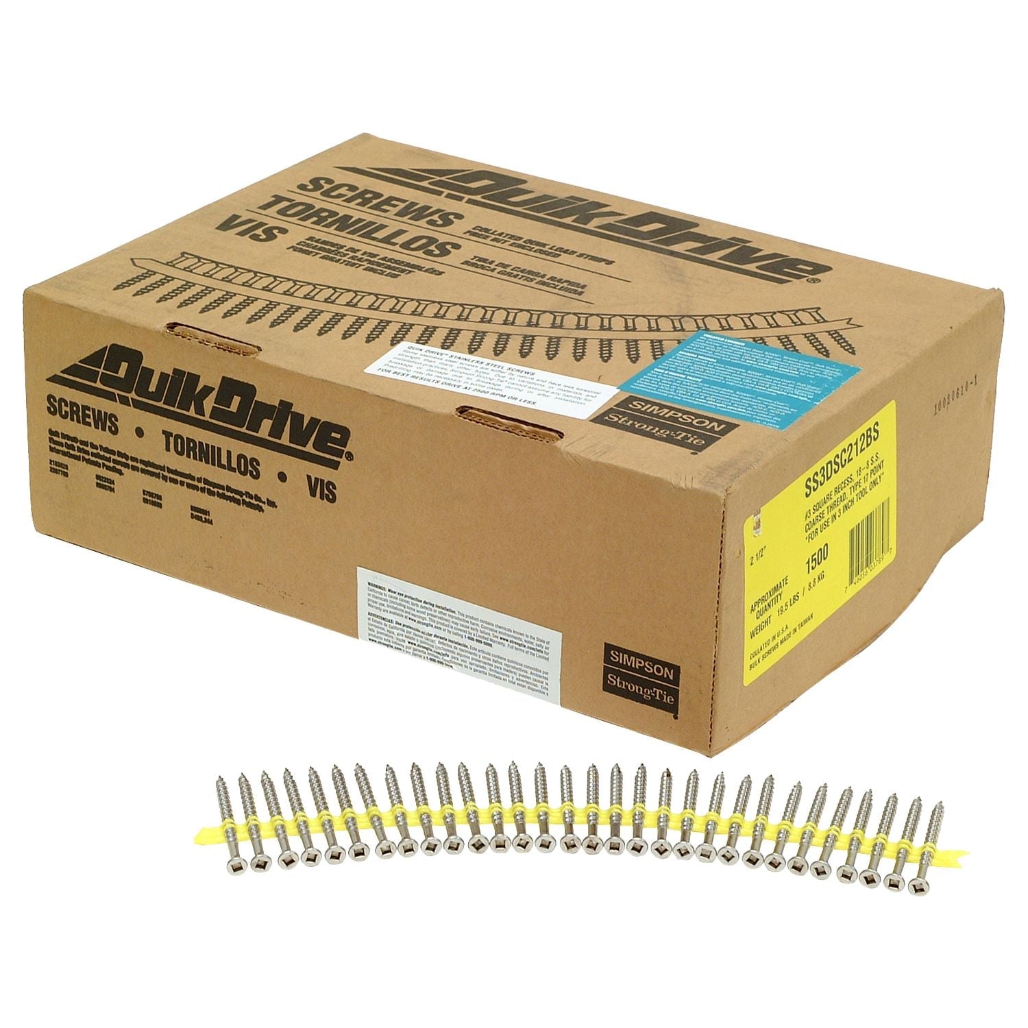 Simpson Strong-Tie SS3DSC212BS Bugle-Head Wood Screw (Collated),  #10 x 2-1/2-in. #3 Square Drive, Type 305, 1500-Pack