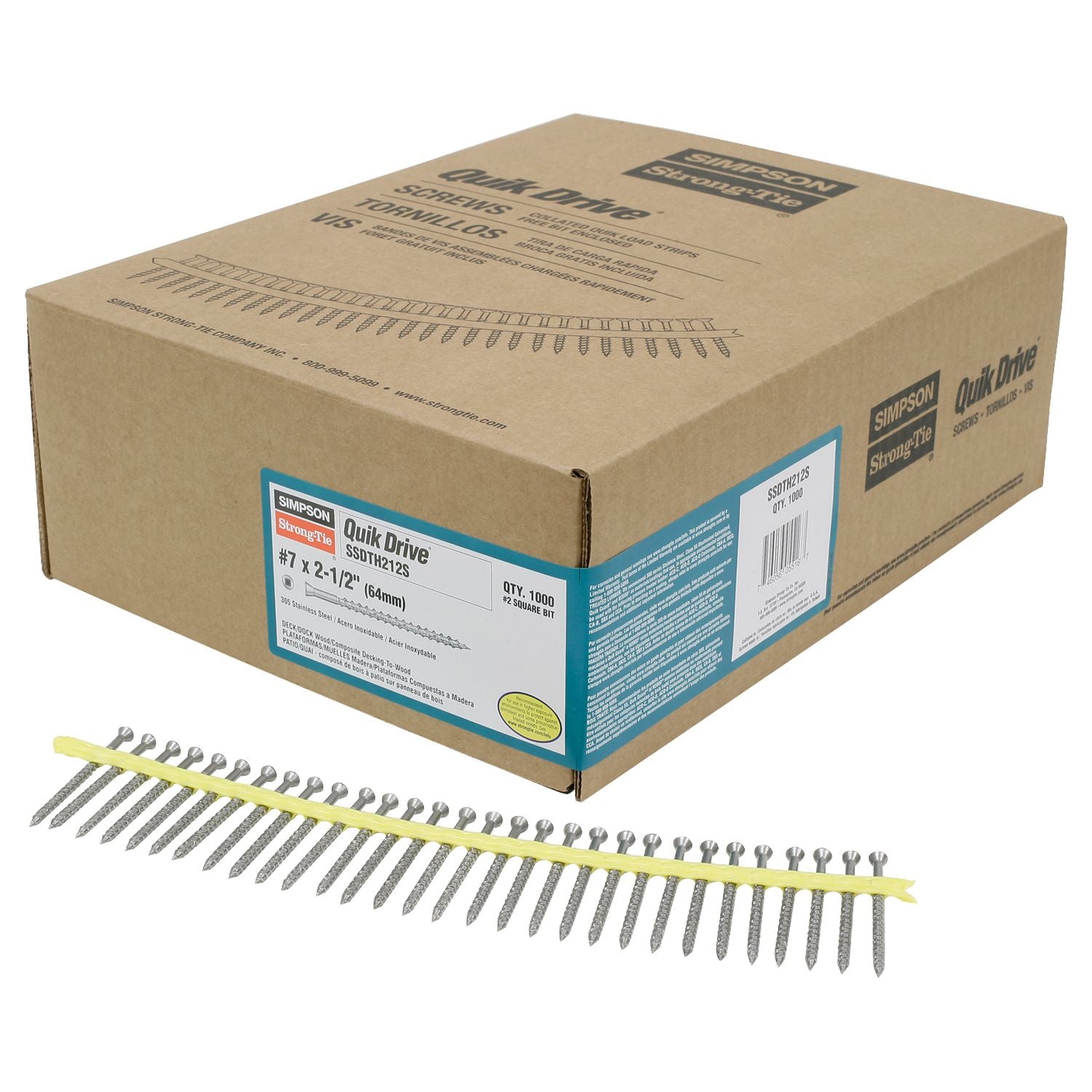 Simpson Strong-Tie SSDTH212S Trim-Head Screw,  Sharp Point (Collated),  #7 x 3-in. #2 SQ Type 305, 1000-Pack