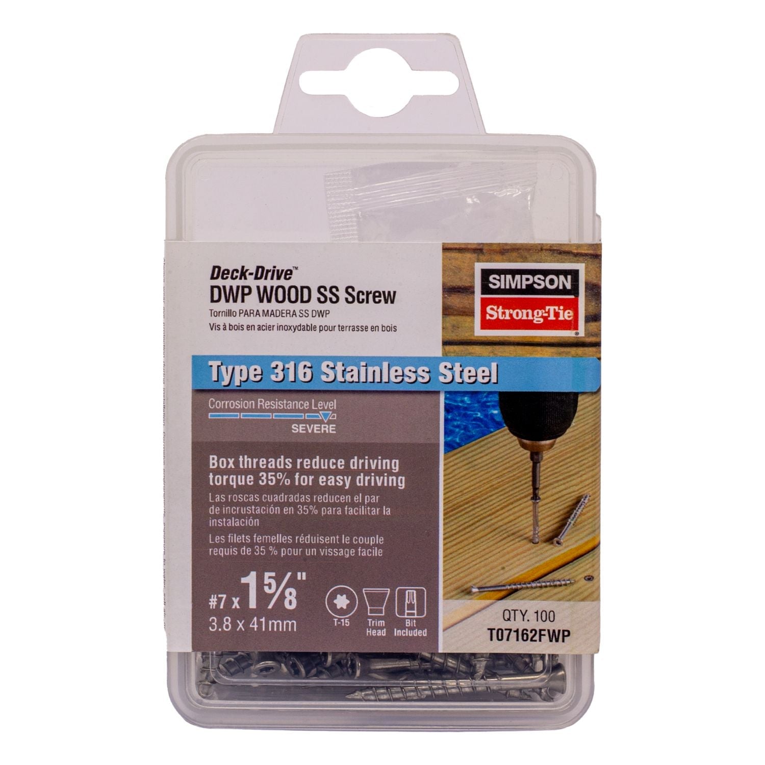 Simpson Strong-Tie T07162FWP Deck-Drive DWP WOOD SS Screw,  #7 x 1-5/8-in. T-15, Trim Head, Type 316, 100-Pack