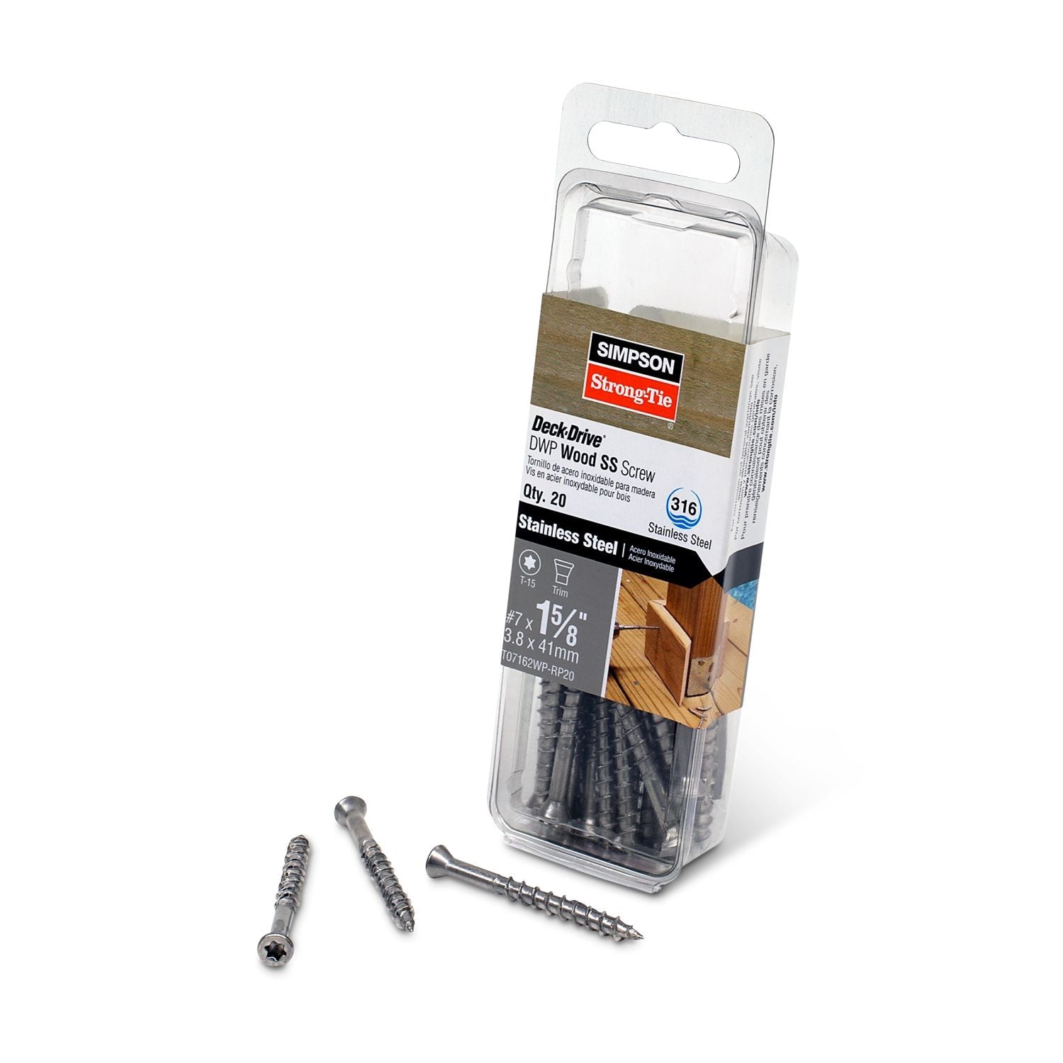 Simpson Strong-Tie T07162WP-RP20 Deck-Drive DWP WOOD SS Screw,  #7 x 1-5/8-in. T-15, Trim Head, Type 316, 20-Pack