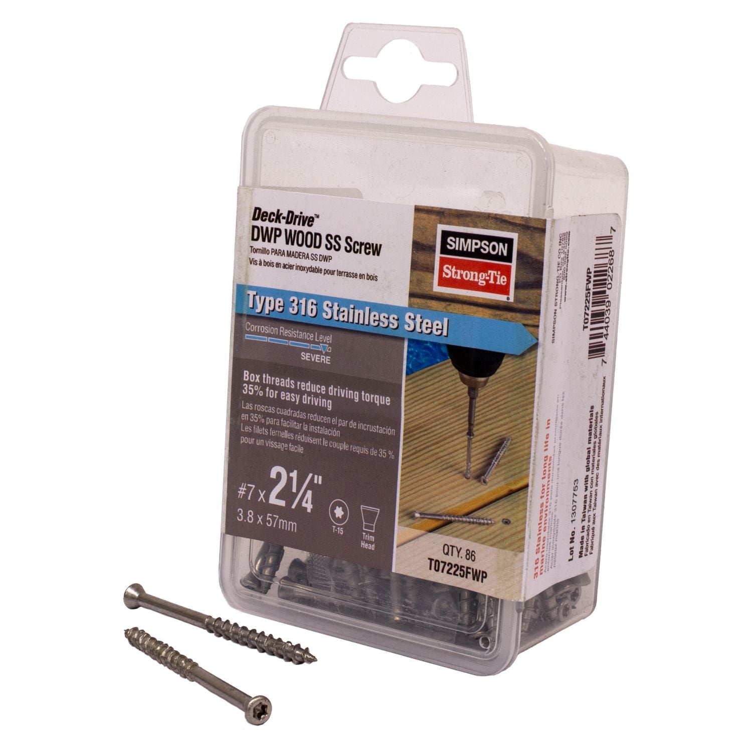 Simpson Strong-Tie T07225FWP Deck-Drive DWP WOOD SS Screw,  #7 x 2-1/4-in. T-15, Trim Head, Type 316, 86-Pack