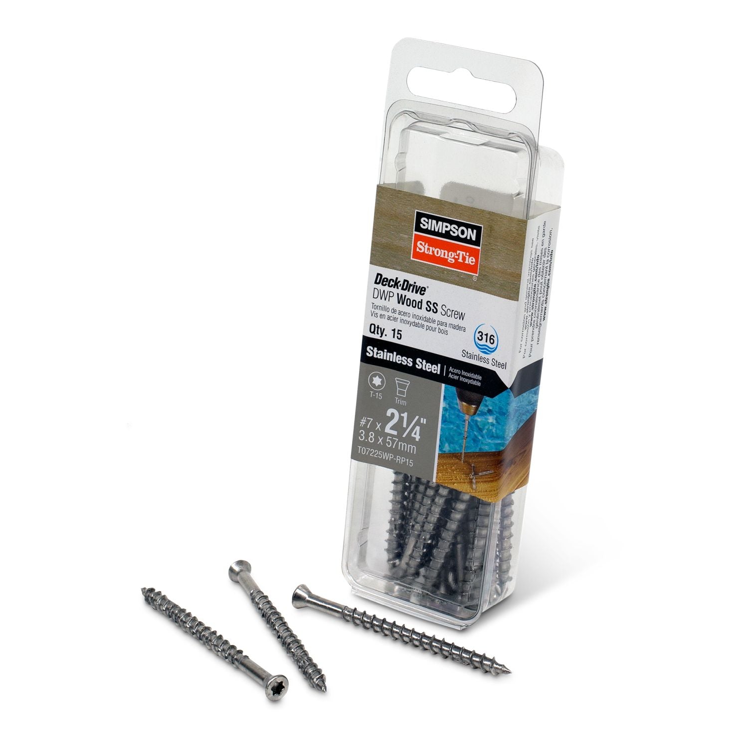 Simpson Strong-Tie T07225WP-RP15 Deck-Drive DWP WOOD SS Screw,  #7 x 2-1/4-in. T-15, Trim Head, Type 316, 15-Pack