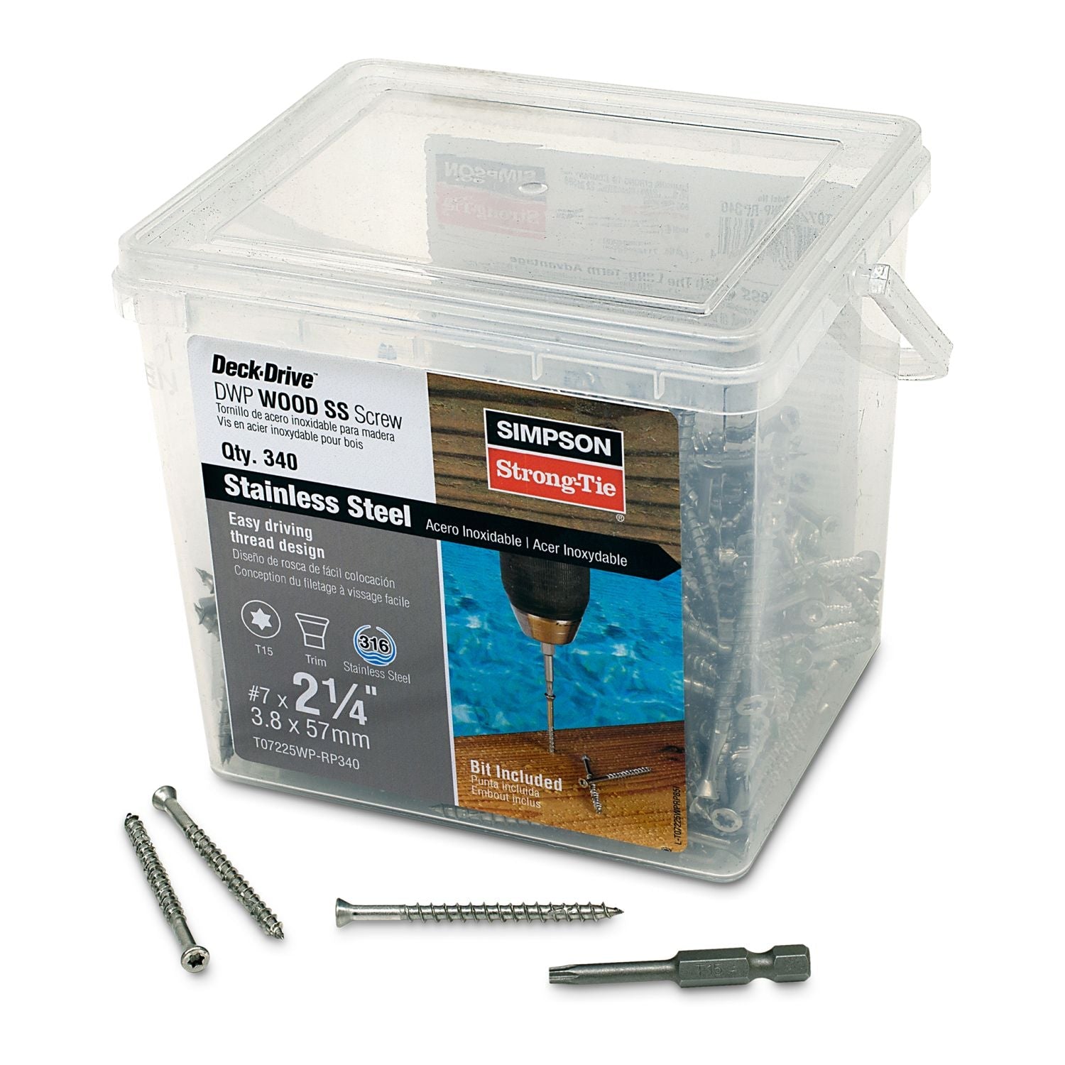Simpson Strong-Tie T07225WP-RP340 Deck-Drive DWP WOOD SS Screw,  #7 x 2-1/4-in. T-15, Trim Head, Type 316, 340-Pack