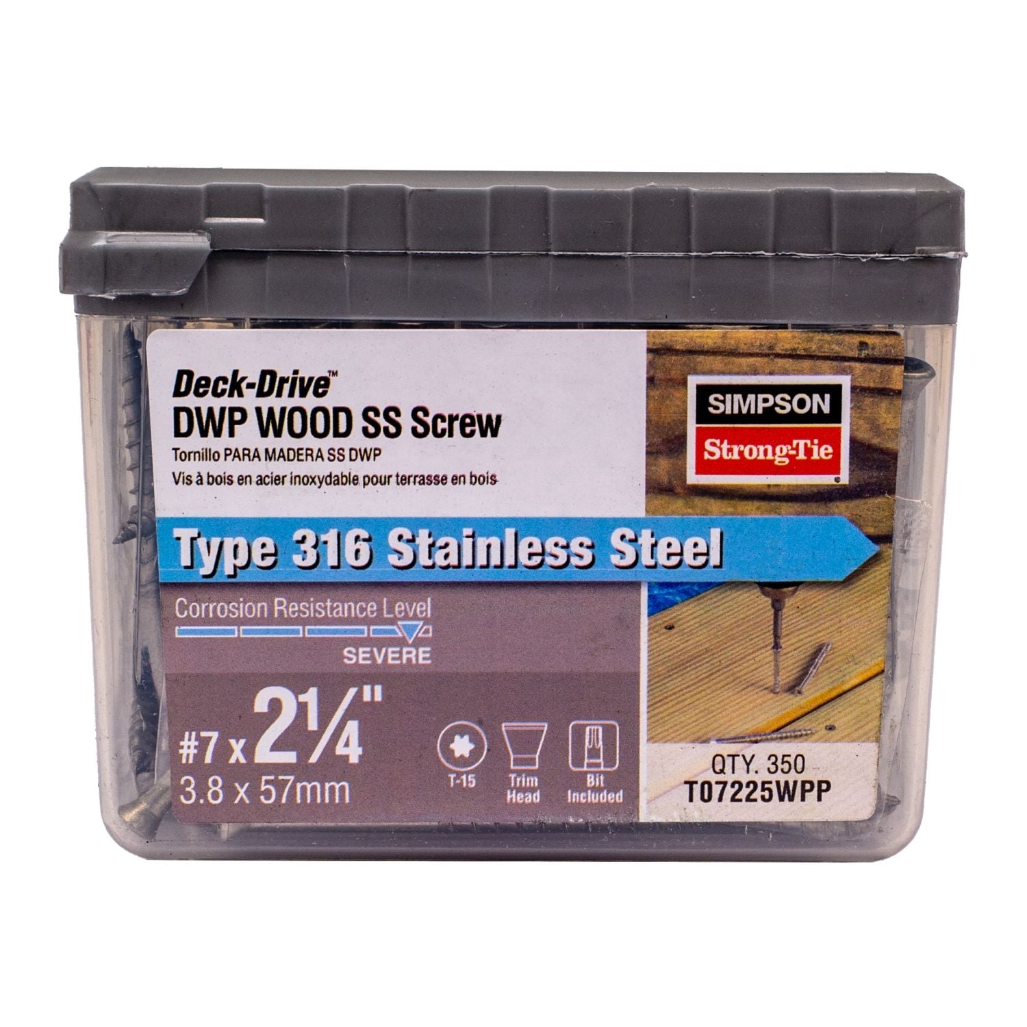 Simpson Strong-Tie T07225WPP Deck-Drive DWP WOOD SS Screw,  #7 x 2-1/4-in. T-15, Trim Head, Type 316, 350-Pack