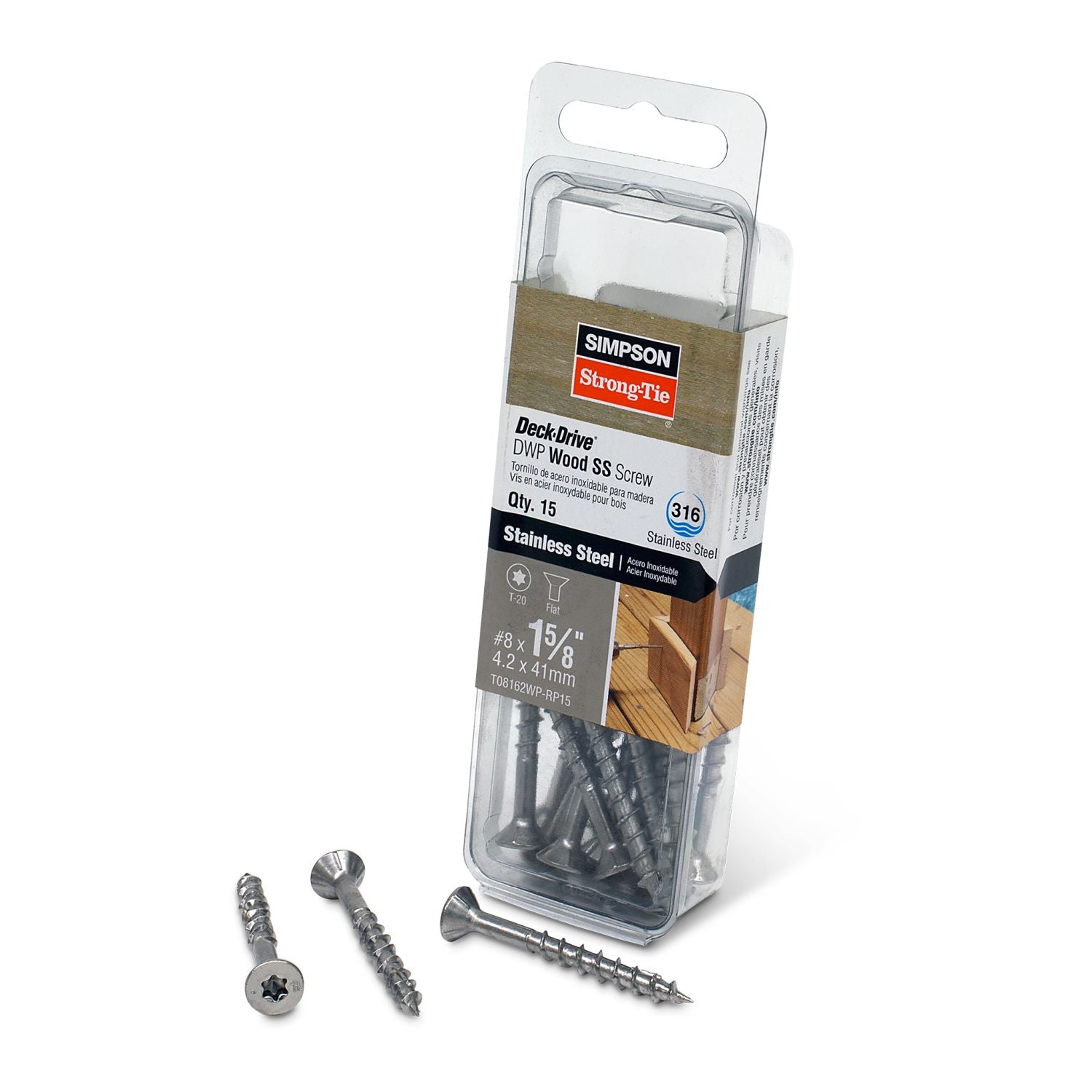 Simpson Strong-Tie T08162WP-RP15 Deck-Drive DWP WOOD SS Screw,  #8 x 1-5/8-in. T20, Flat Head, Type 316, 15-Pack