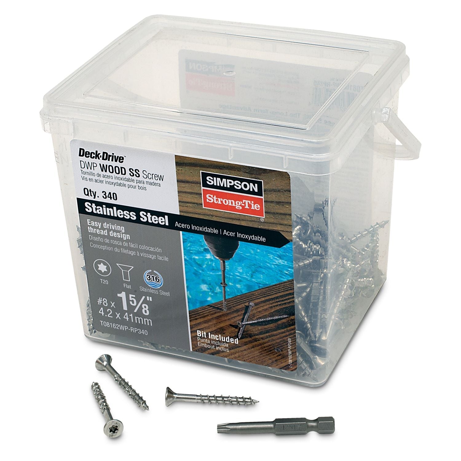 Simpson Strong-Tie T08162WP-RP340 Deck-Drive DWP WOOD SS Screw,  #8 x 1-5/8-in. T20, Flat Head, Type 316, 340-Pack