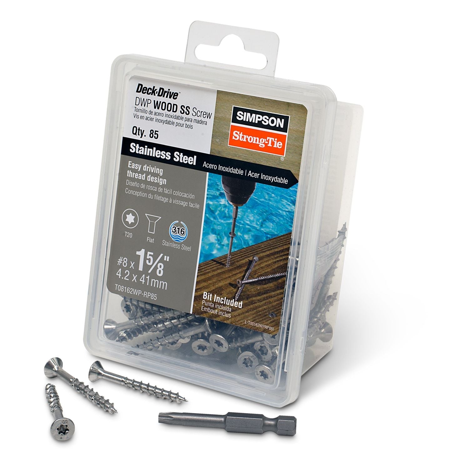 Simpson Strong-Tie T08162WP-RP85 Deck-Drive DWP WOOD SS Screw,  #8 x 1-5/8-in. T20, Flat Head, Type 316, 85-Pack
