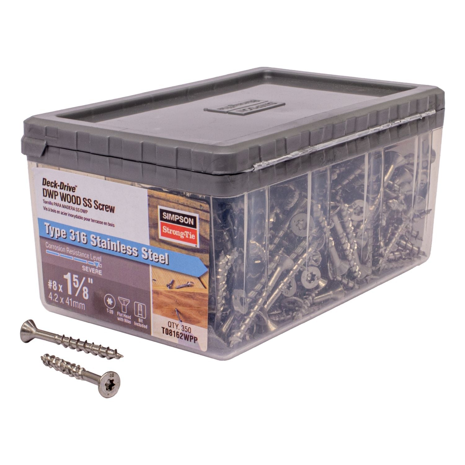 Simpson Strong-Tie T08162WPP Deck-Drive DWP WOOD SS Screw,  #8 x 1-5/8-in. T20, Flat Head, Type 316, 350-Pack