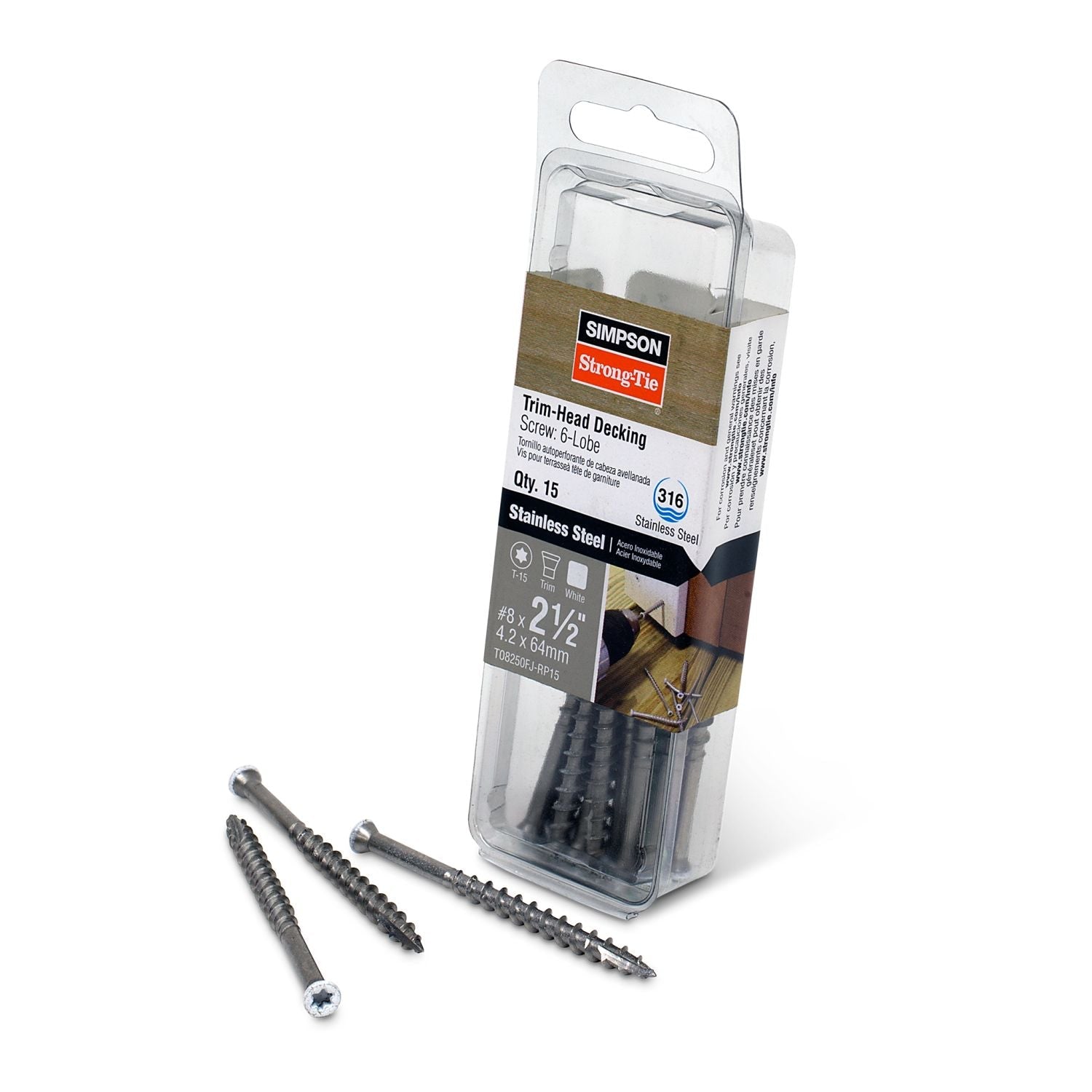 Simpson Strong-Tie T08250FJ-RP15 Trim-Head Screw, 6-Lobe Drive,  #8 x 2-1/2-in. T-15 Type 316, White 01, 15-Pack