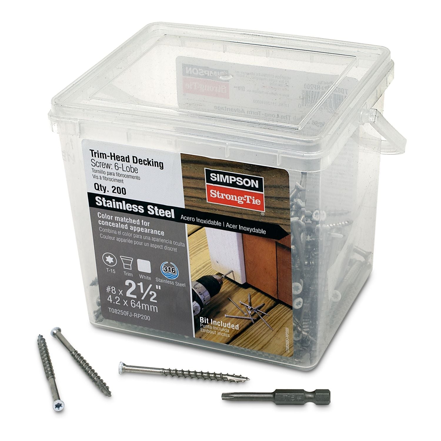Simpson Strong-Tie T08250FJ-RP200 Trim-Head Screw, 6-Lobe Drive,  #8 x 2-1/2-in. T-15 Type 316, White 01, 200-Pack