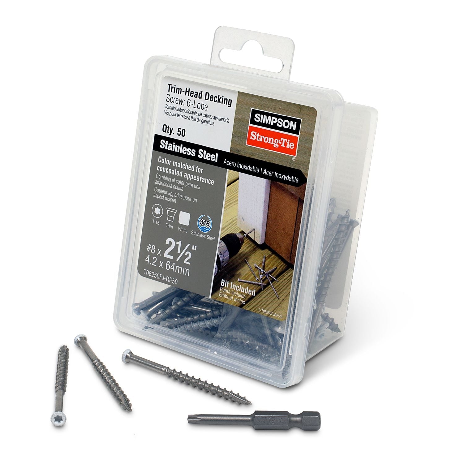 Simpson Strong-Tie T08250FJ-RP50 Trim-Head Screw, 6-Lobe Drive,  #8 x 2-1/2-in. T-15 Type 316, White 01, 50-Pack