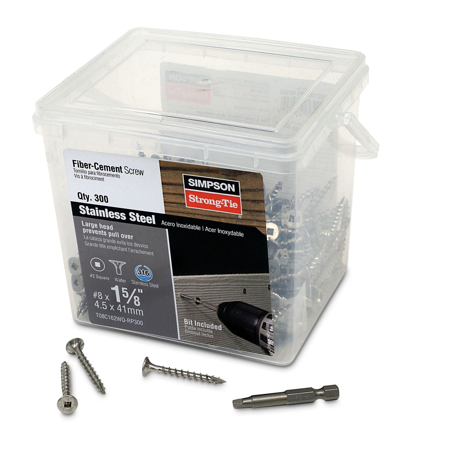 Simpson Strong-Tie T08C162WQ-RP300 Fiber-Cement Screw,  #8 x 1-5/8-in. #2 Square Wafer-Head, Type 316, 300-Pack
