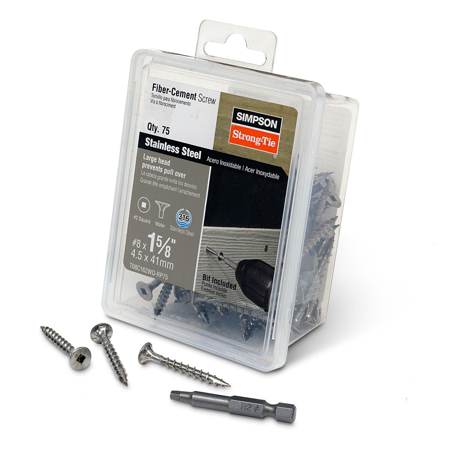 Simpson Strong-Tie T08C162WQ-RP75 Fiber-Cement Screw,  #8 x 1-5/8-in. #2 Square Wafer-Head, Type 316, 75-Pack