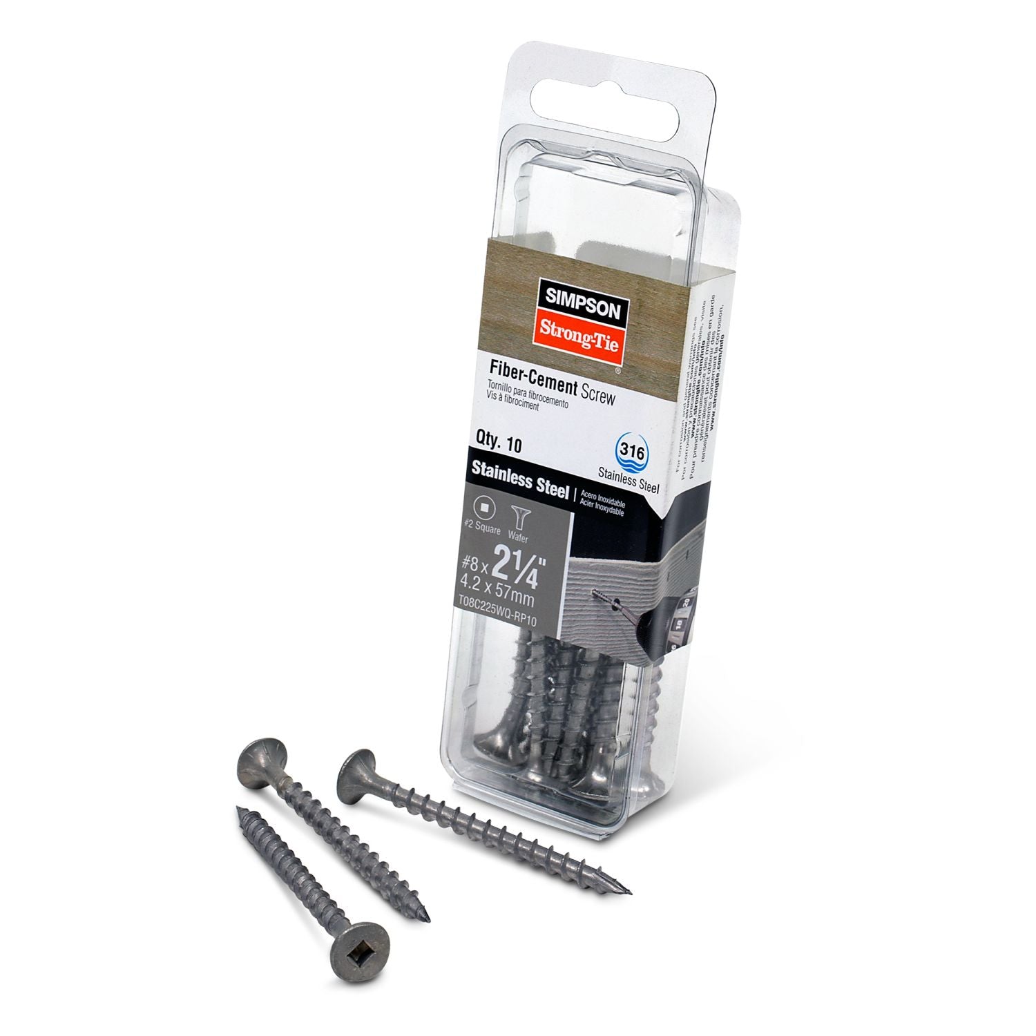 Simpson Strong-Tie T08C225WQ-RP10 Fiber-Cement Screw,  #8 x 2-1/4-in. #2 Square Wafer-Head, Type 316, 10-Pack