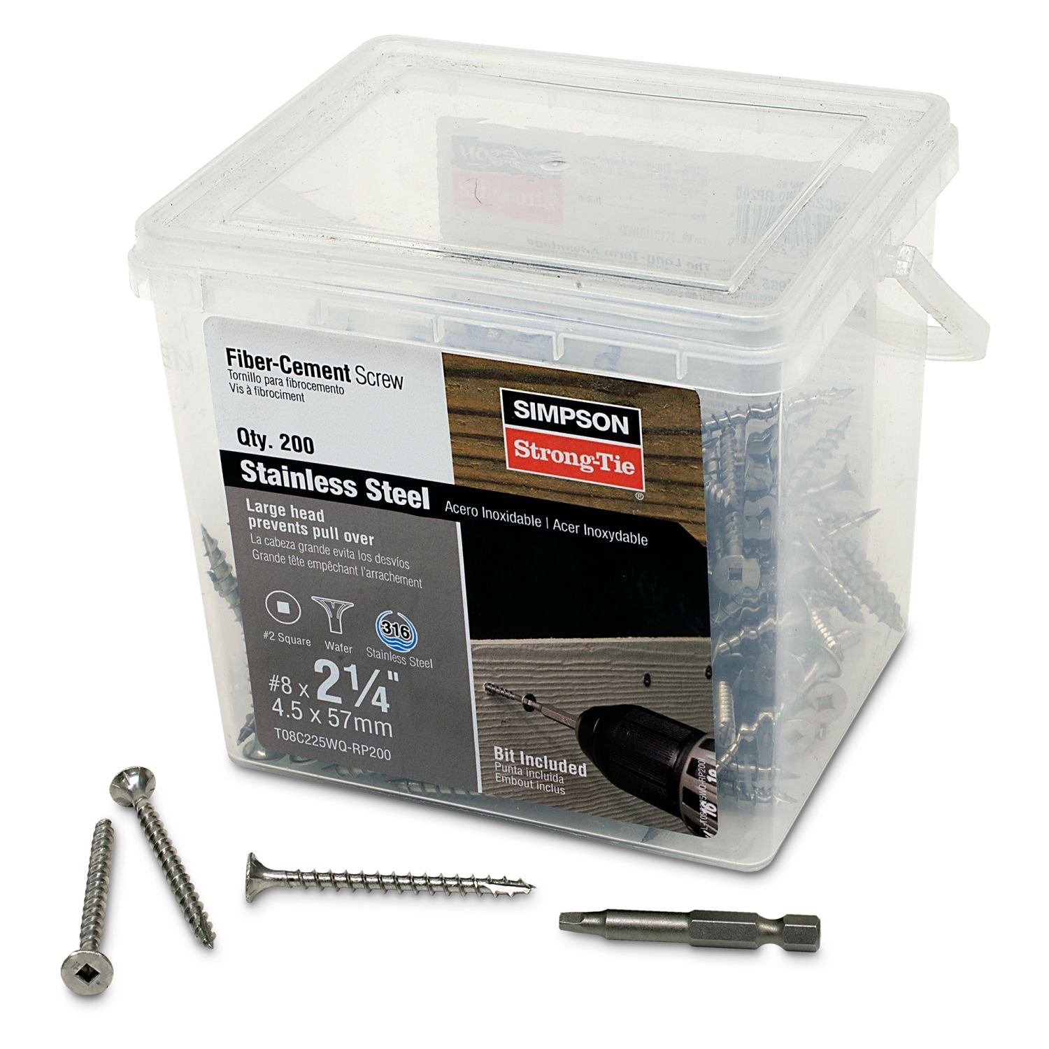 Simpson Strong-Tie T08C225WQ-RP200 Fiber-Cement Screw,  #8 x 2-1/4-in. #2 Square Wafer-Head, Type 316, 200-Pack