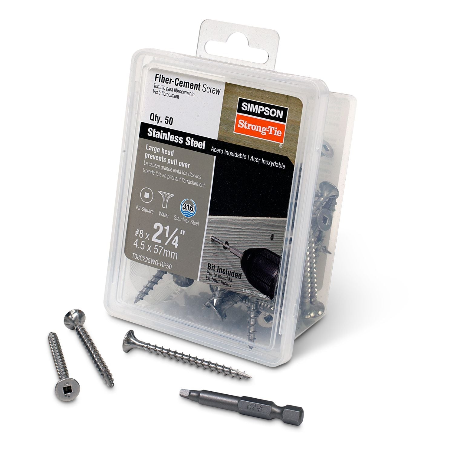 Simpson Strong-Tie T08C225WQ-RP50 Fiber-Cement Screw,  #8 x 2-1/4-in. #2 Square Wafer-Head, Type 316, 50-Pack
